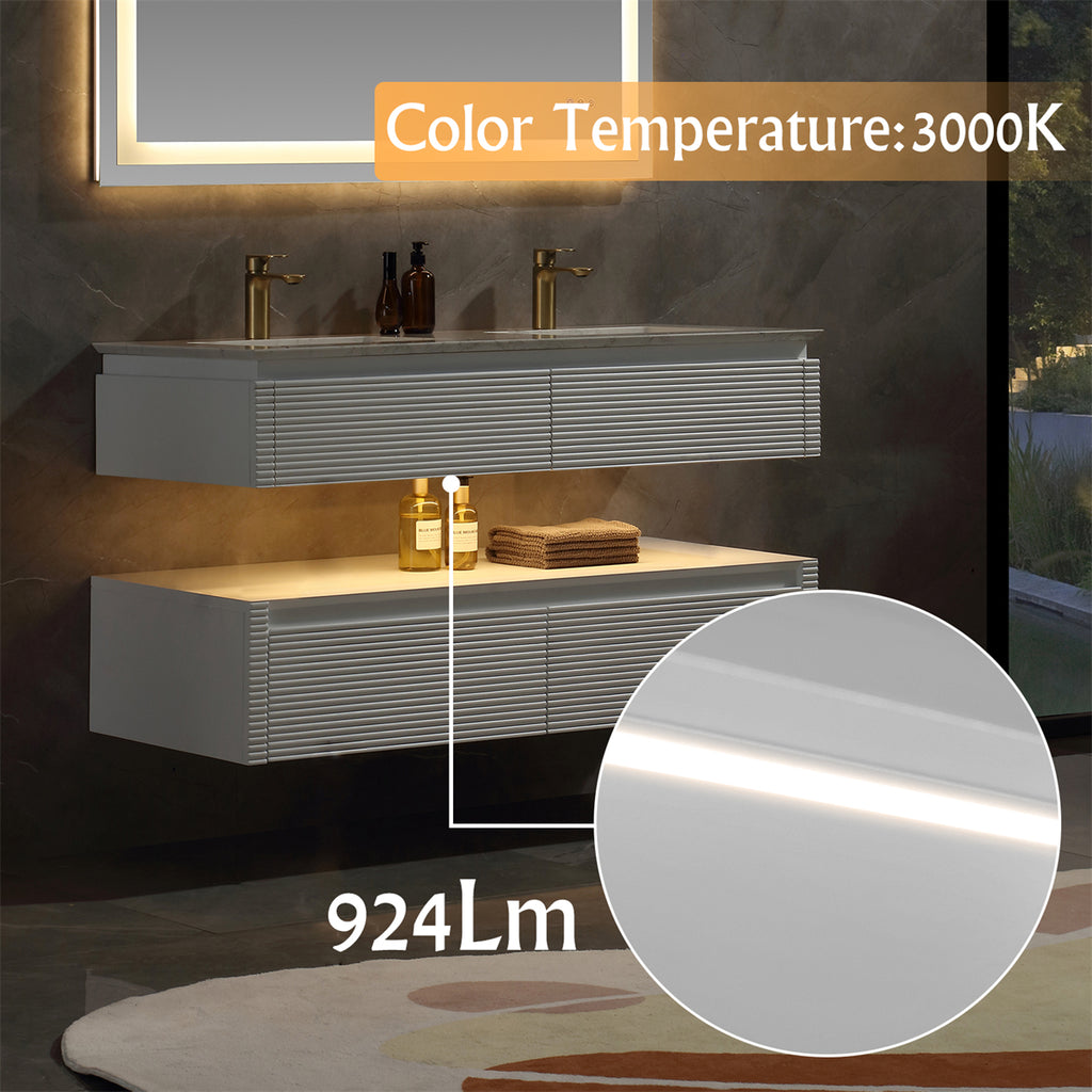 48 Inches White Floating Bathroom Vanity with Double Sinks, Wall Mounted Double Layer