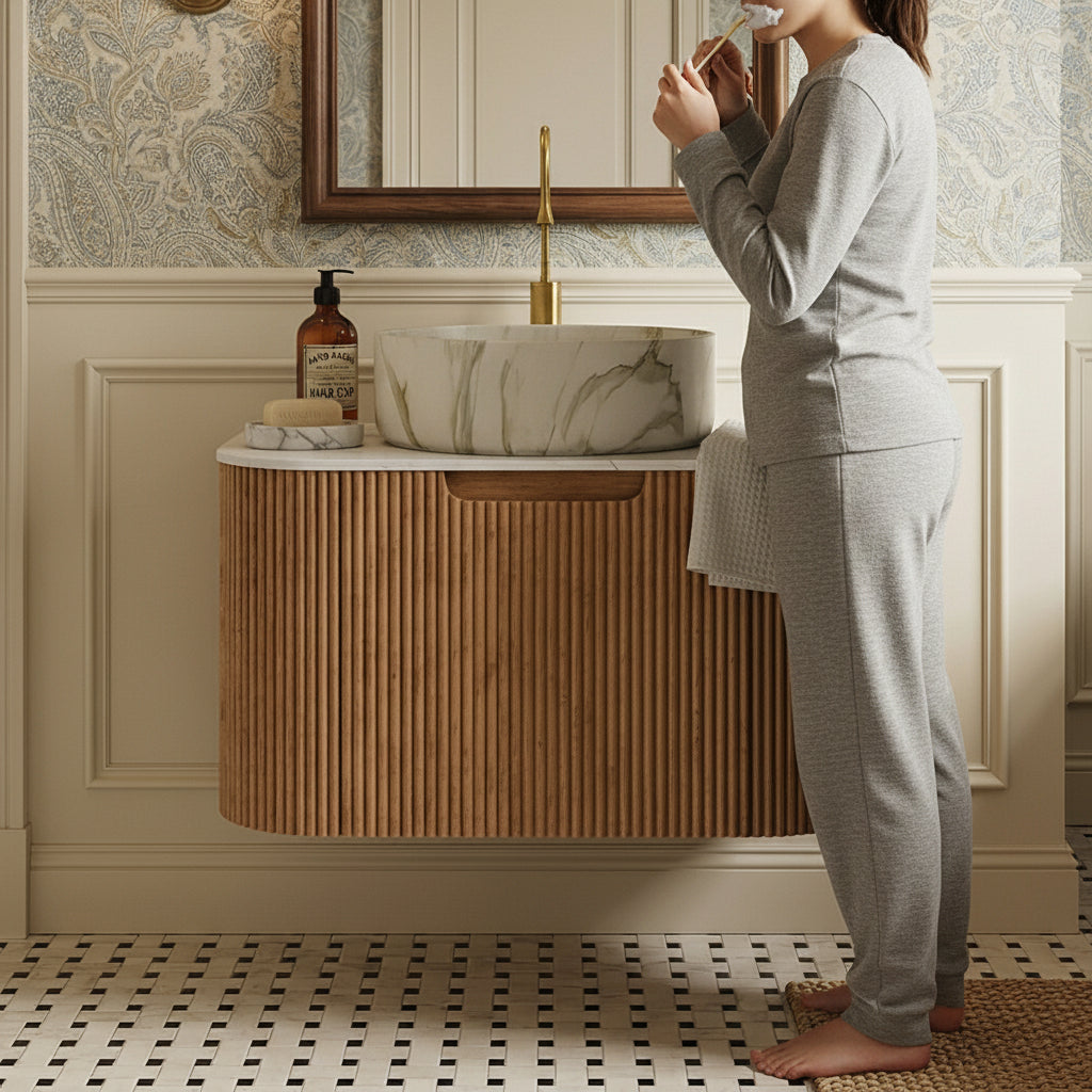 Floating Bathroom Vanity with Matte Stone White Round Ceramic Basin