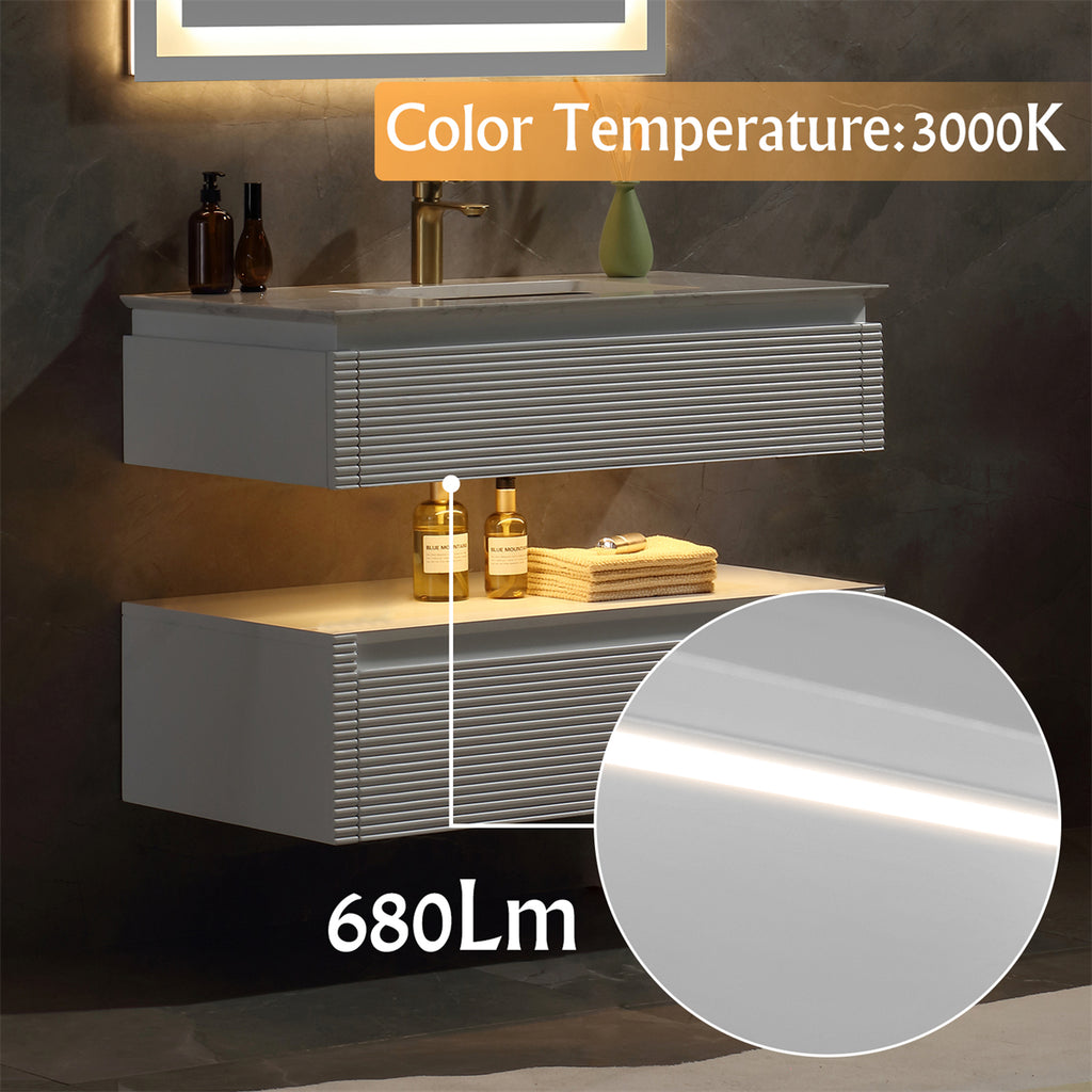 36 Inches White Floating Bathroom Vanity with One Sink, Wall Mounted Double Layer