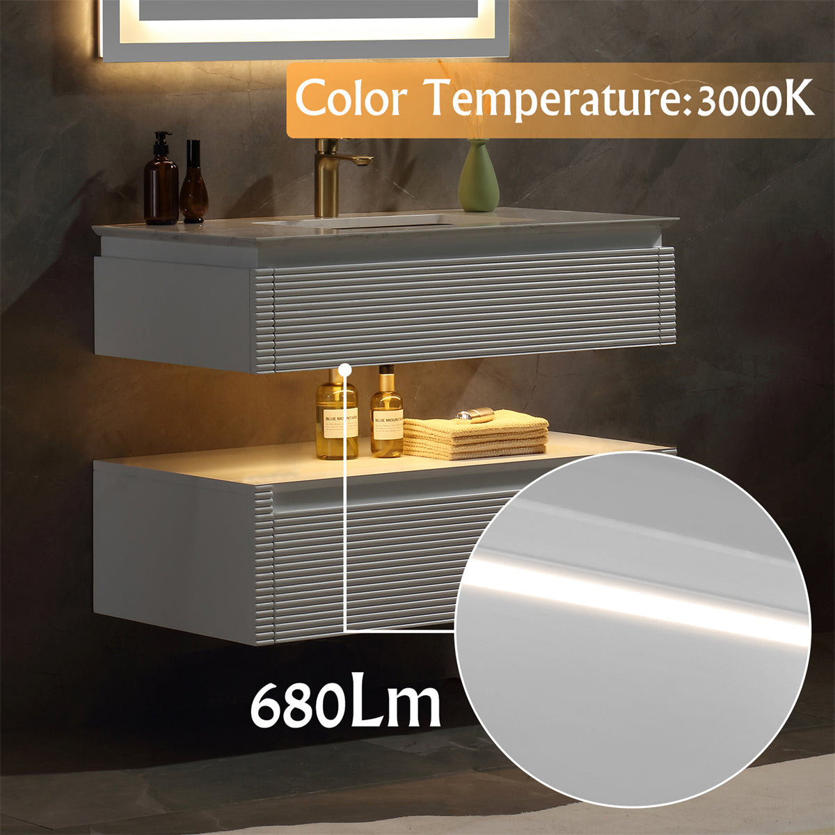 36 Inches White Floating Bathroom Vanity with One Sink, Wall Mounted Double Layer