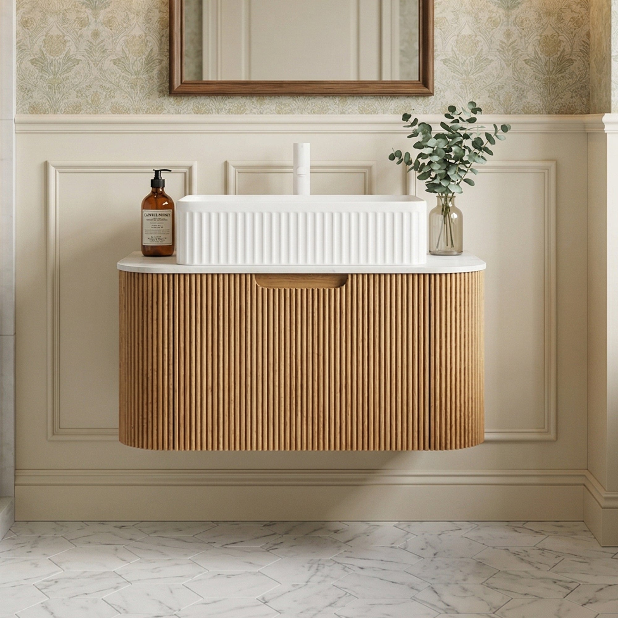 Floating Bathroom Vanity with White Rectangular Ceramic Basin
