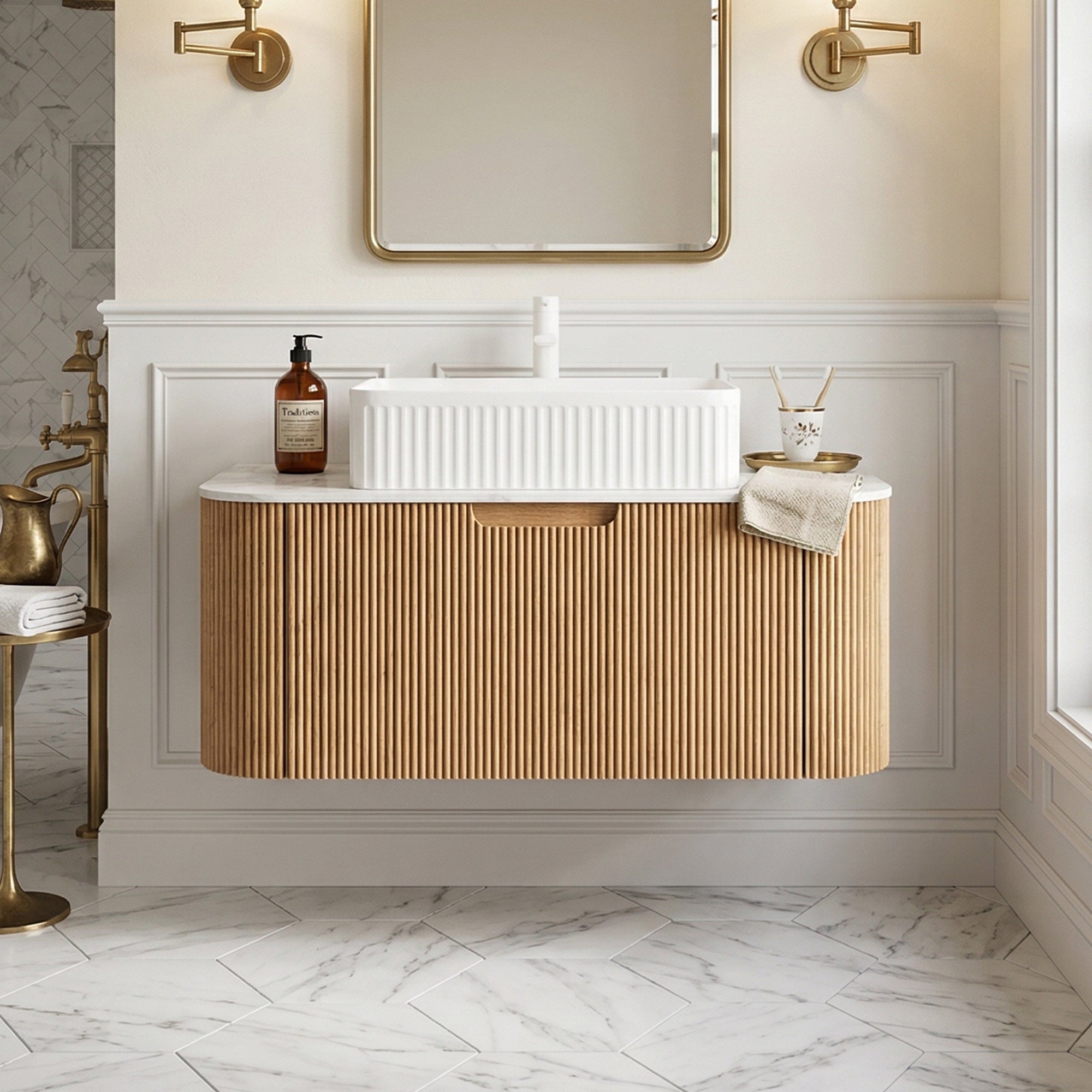 Floating Bathroom Vanity with White Rectangular Ceramic Basin