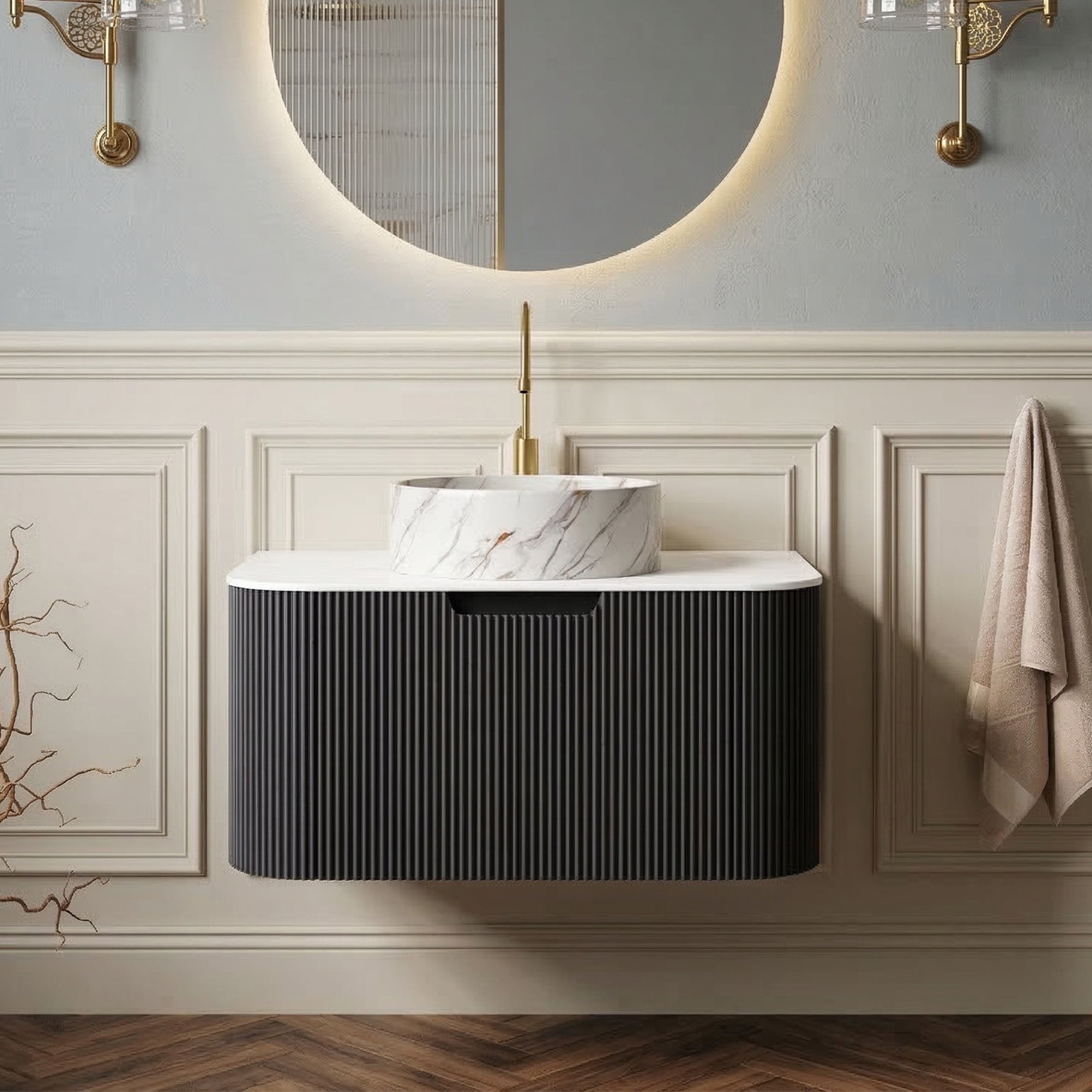 Floating Bathroom Vanity with Matte Stone White Round Ceramic Basin