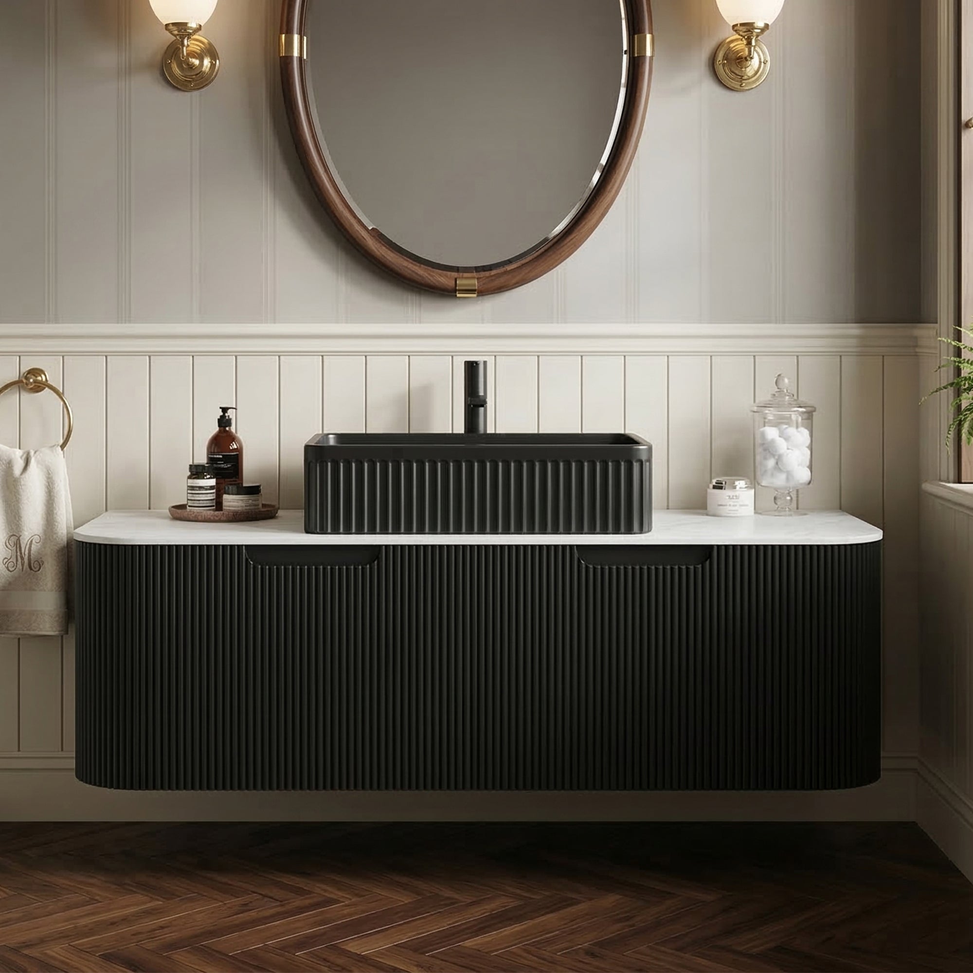 Floating Bathroom Vanity with Black Rectangular Ceramic Basin