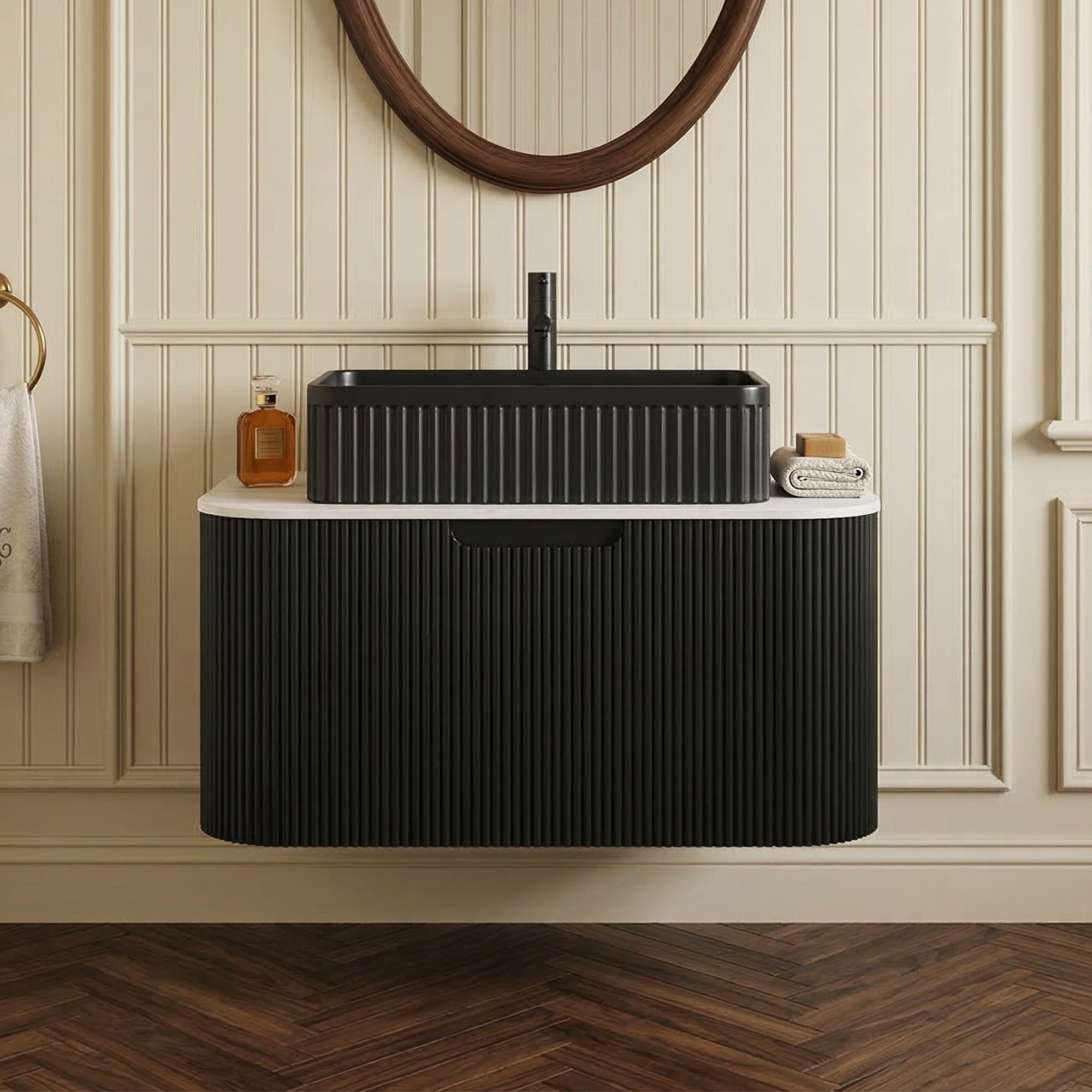 Floating Bathroom Vanity with Black Rectangular Ceramic Basin