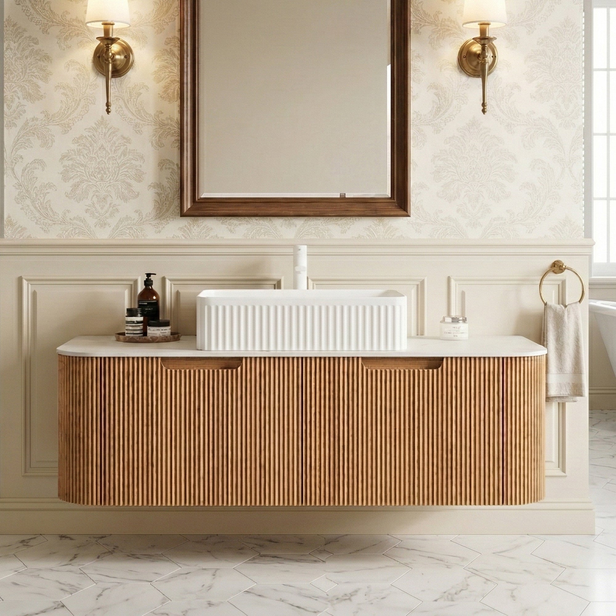 Floating Bathroom Vanity with White Rectangular Ceramic Basin