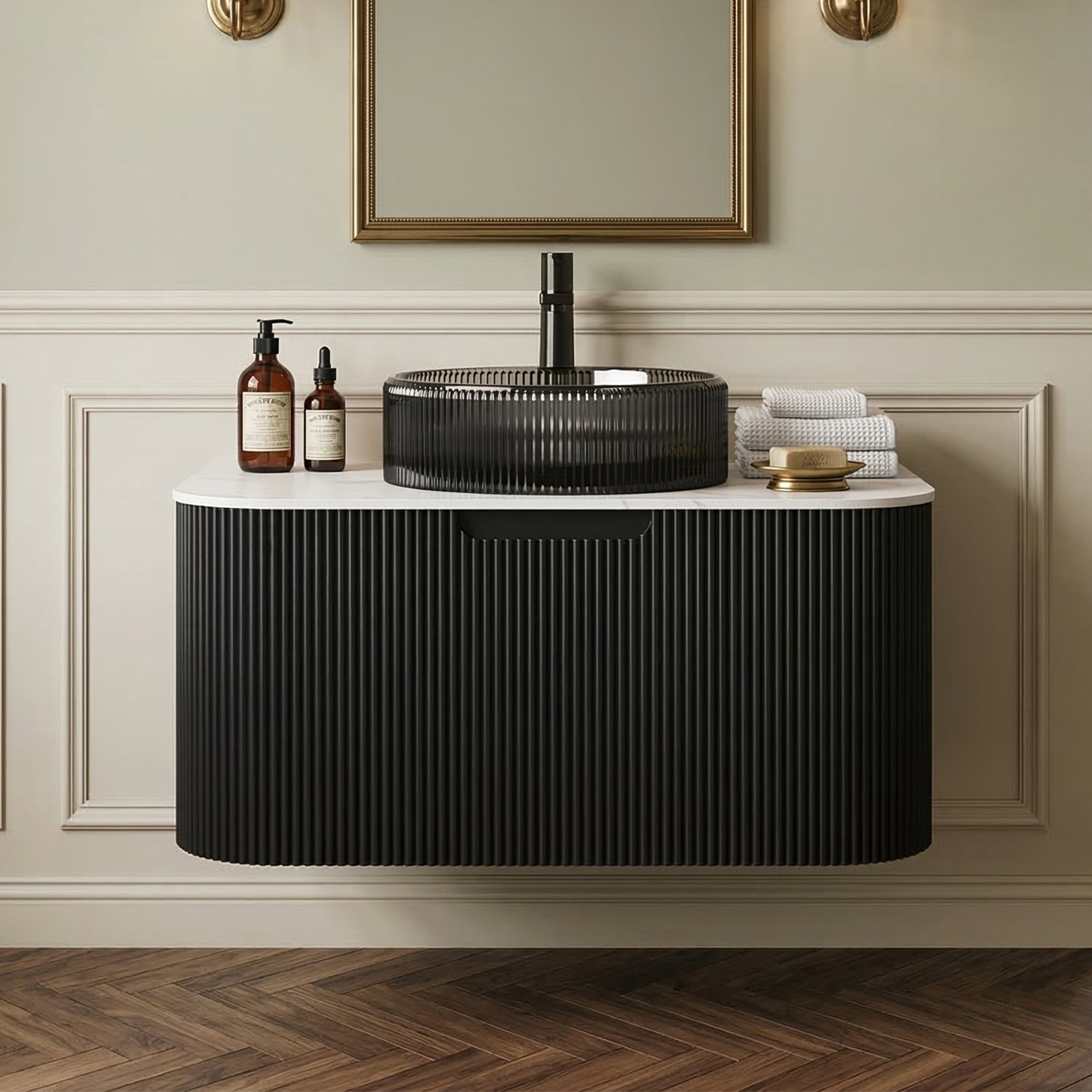 Floating Bathroom Vanity with Transparent Crystal Glass Basin