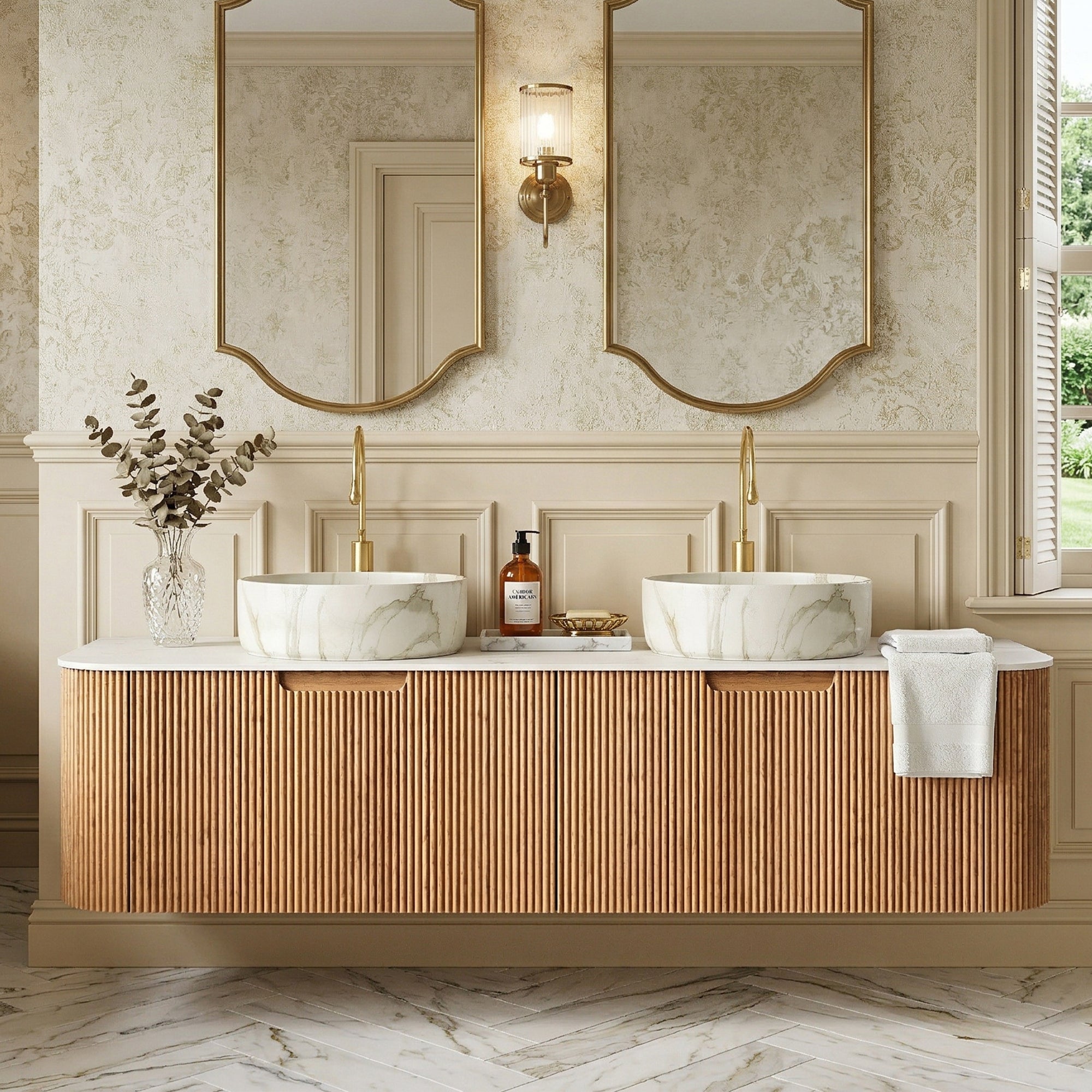 Floating Bathroom Vanity with Matte Stone White Round Ceramic Basin