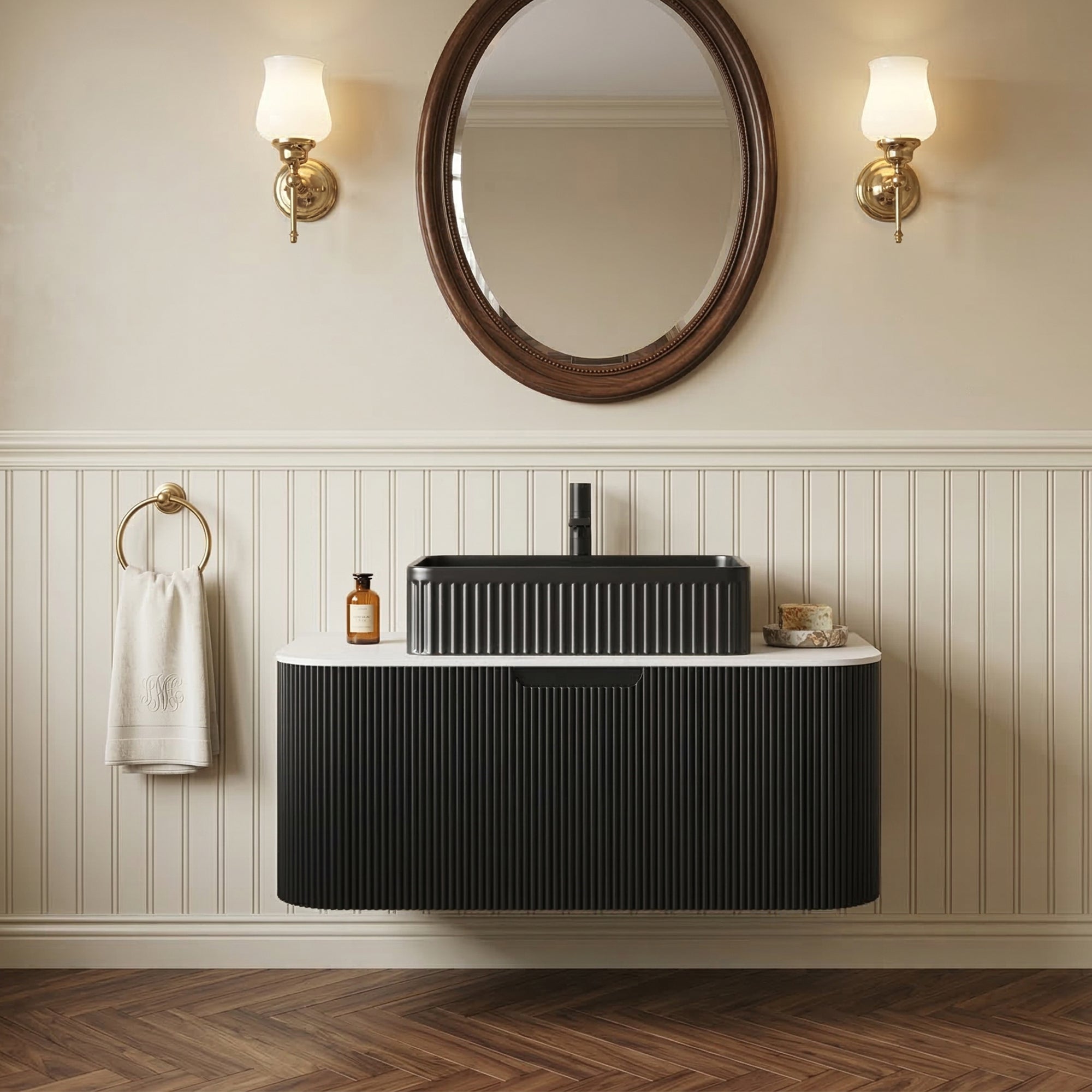 Floating Bathroom Vanity with Black Rectangular Ceramic Basin