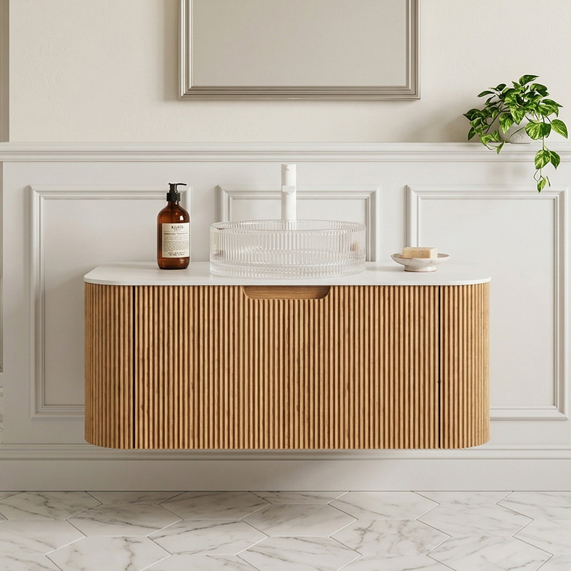 Floating Bathroom Vanity with Transparent Crystal Glass Basin