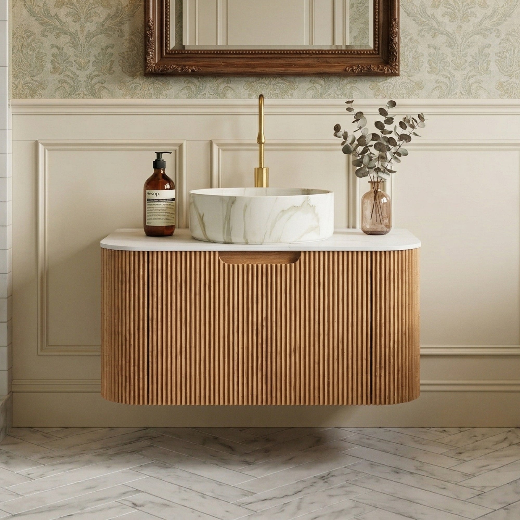Floating Bathroom Vanity with Matte Stone White Round Ceramic Basin