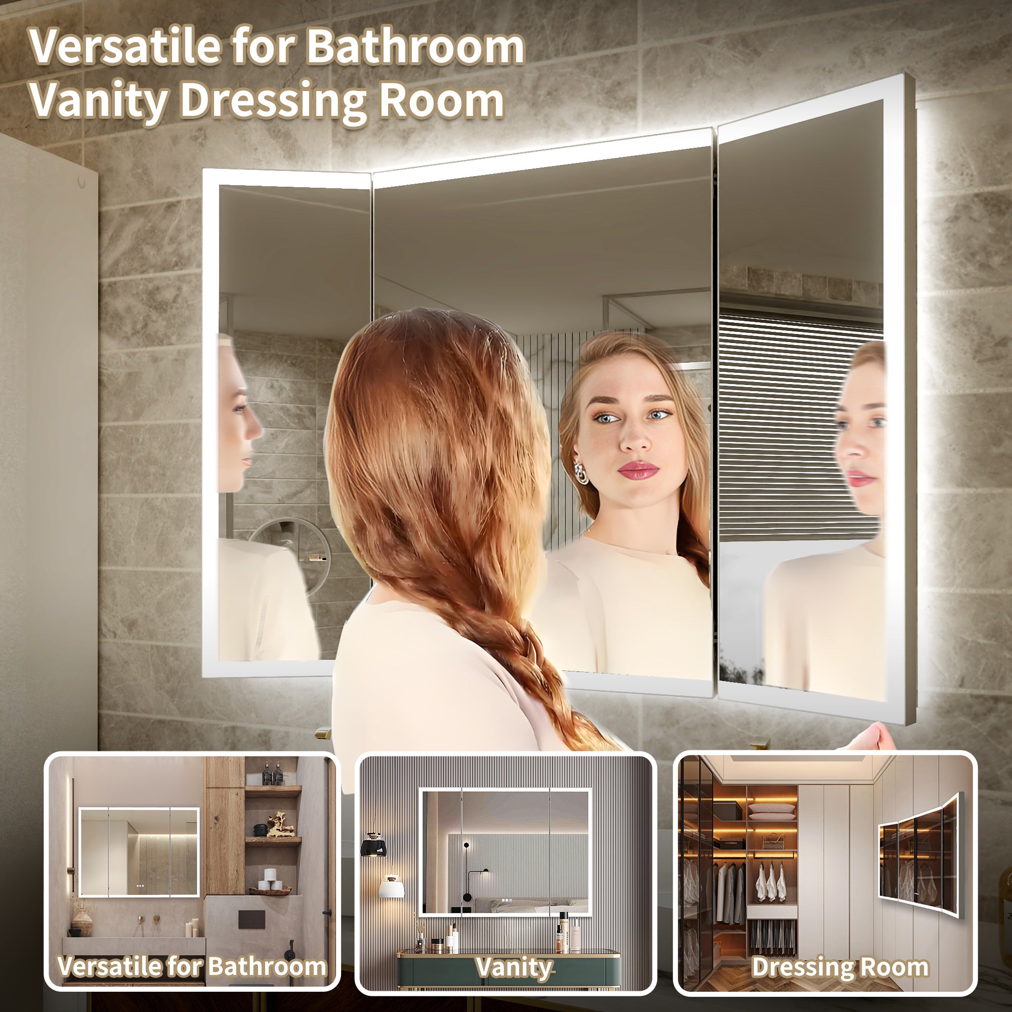 60x36 Lighting Trifold Bathroom Mirror with Magnifier