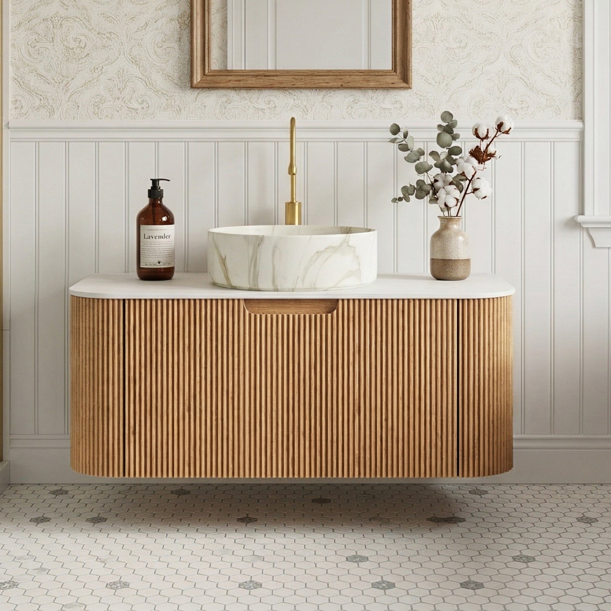 Floating Bathroom Vanity with Matte Stone White Round Ceramic Basin