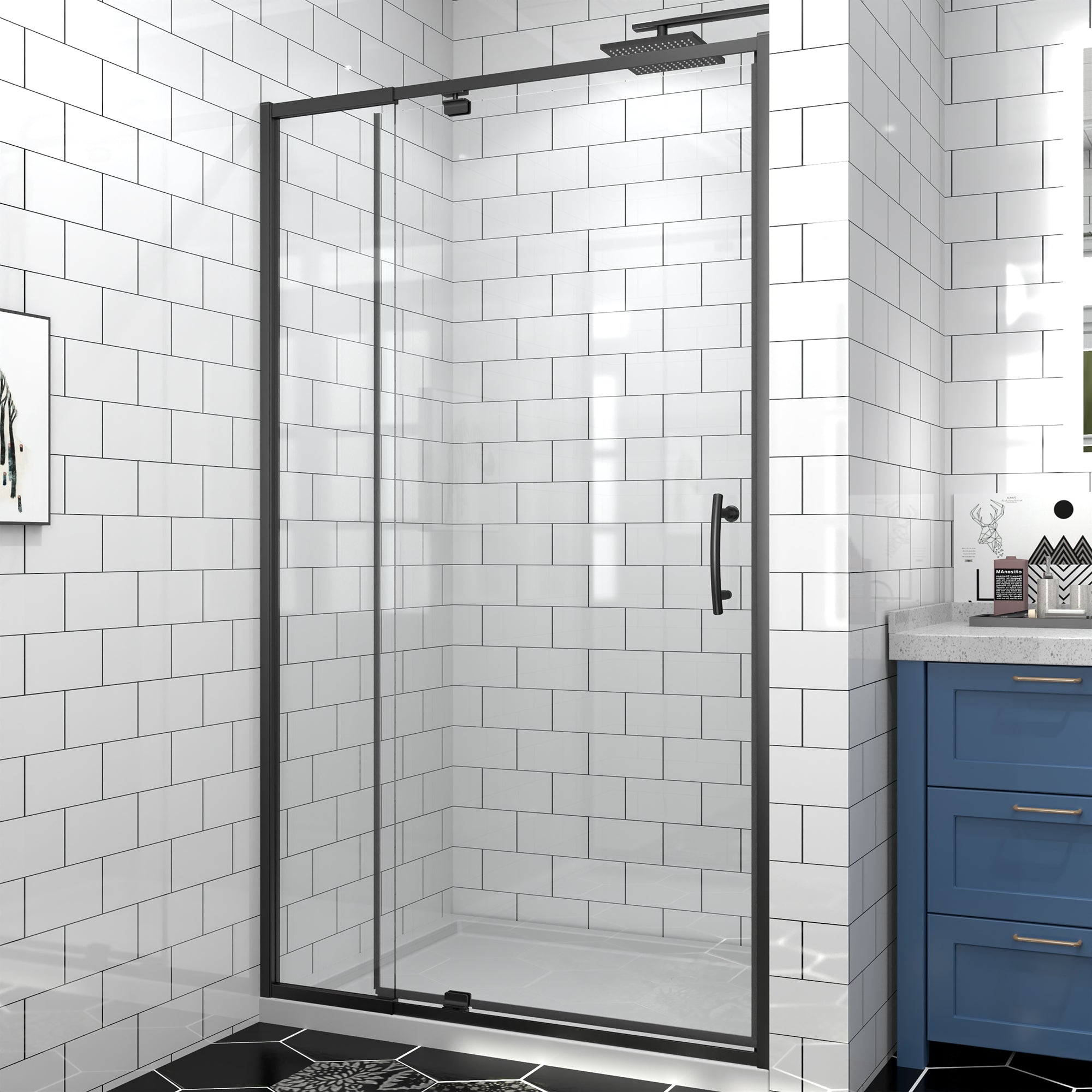 38-42" W x 71" H Matte Black Pivot Shower Door, 1/4"SGCC Tempered Glass
