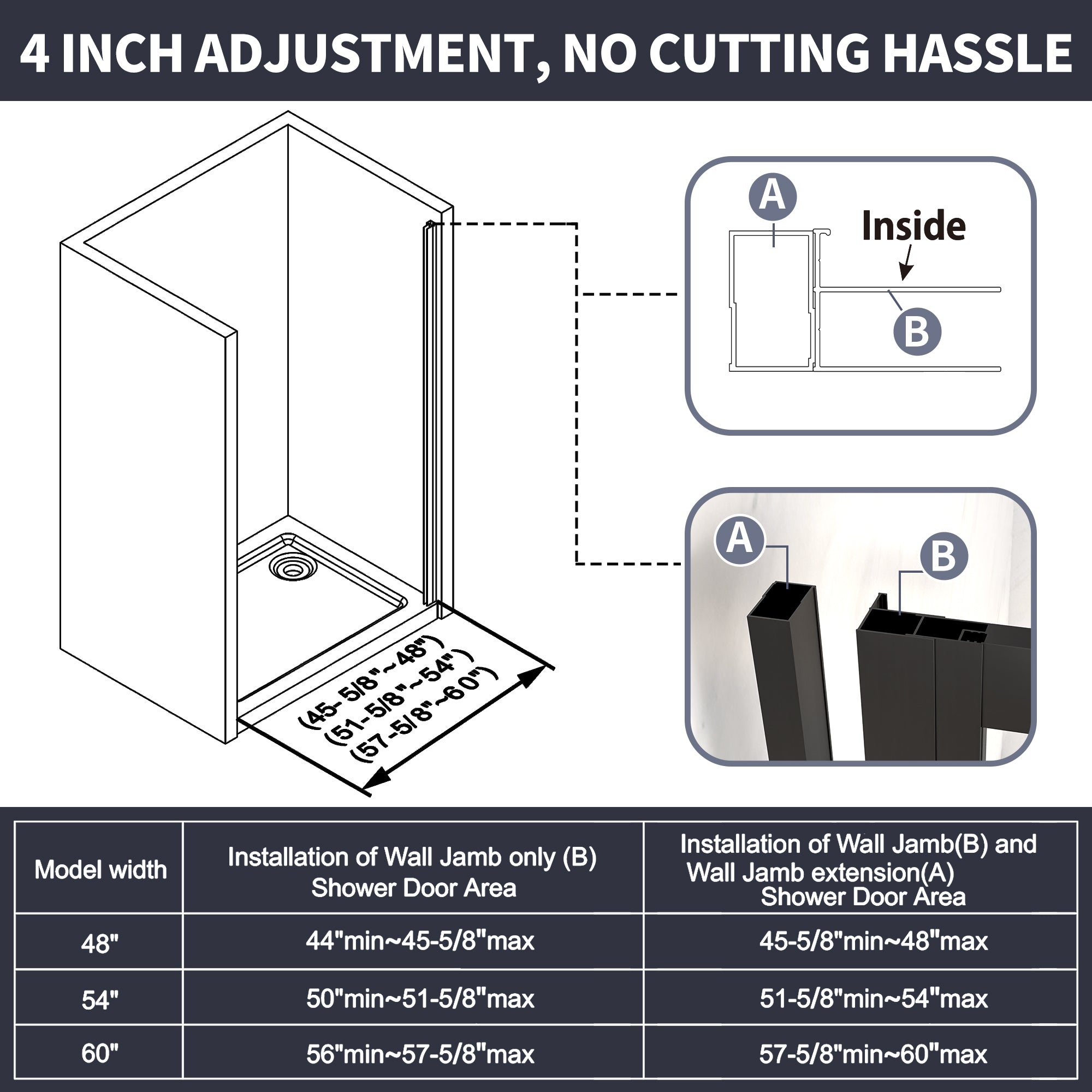 56-60"W x 70"H Trifold Sliding Shower Door Matte Black