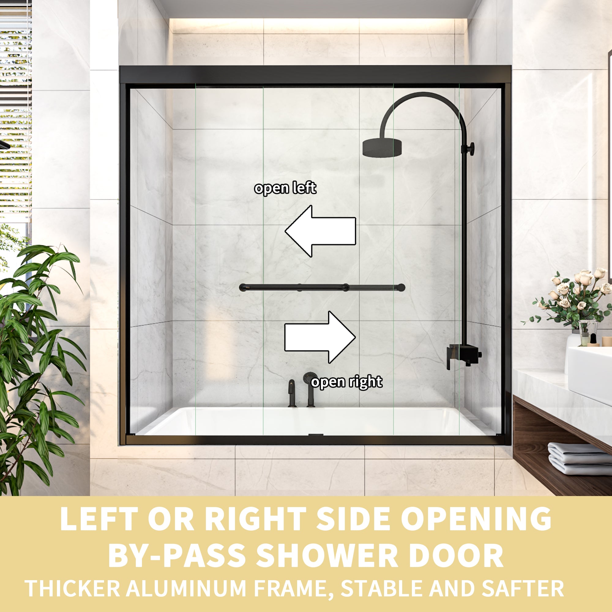 58-60"W x 58"H Bypass Black Shower Door for Bathtub