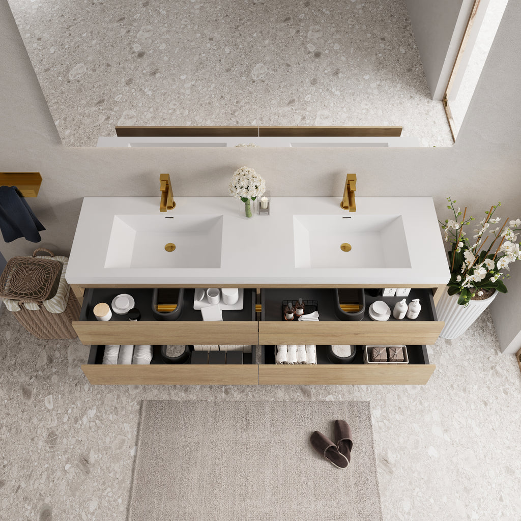 72 Inch Natural Oak Floating Vanity with Double Sinks