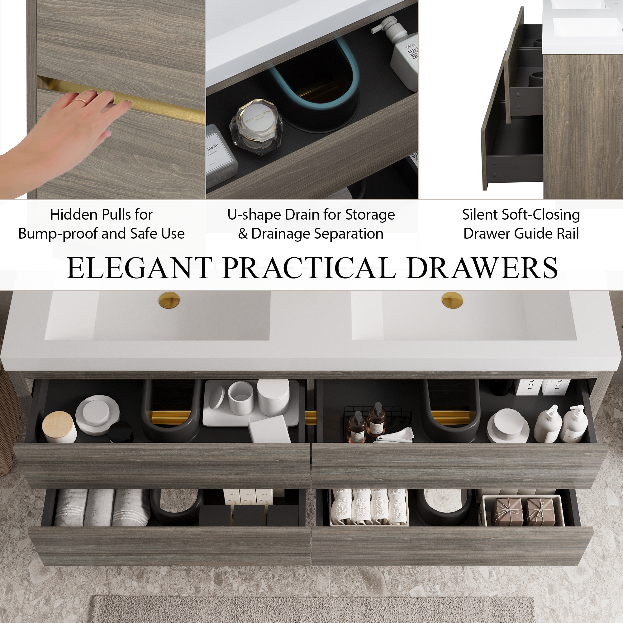 60 Inch Gray Floating Bathroom Vanity with Double Sinks
