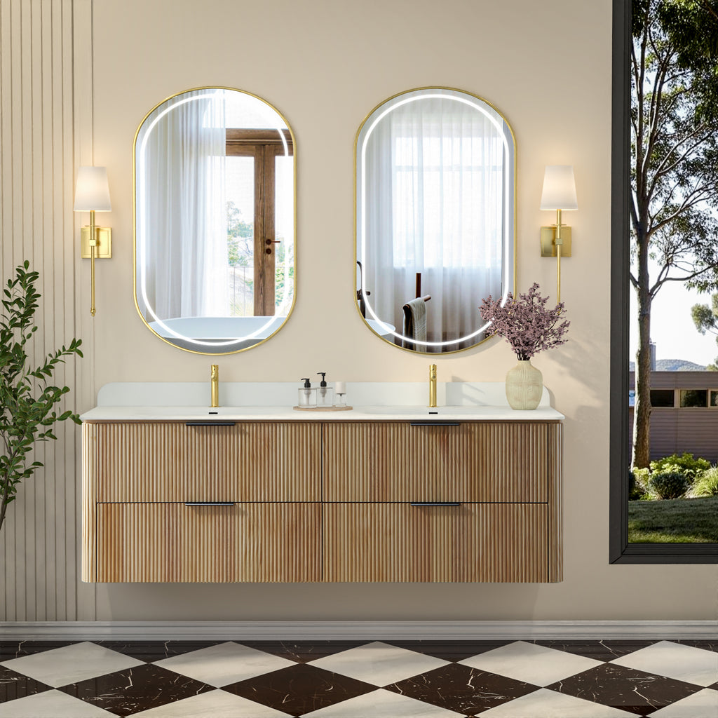 60-Inch Oak Floating Bathroom Vanity with Double Sinks