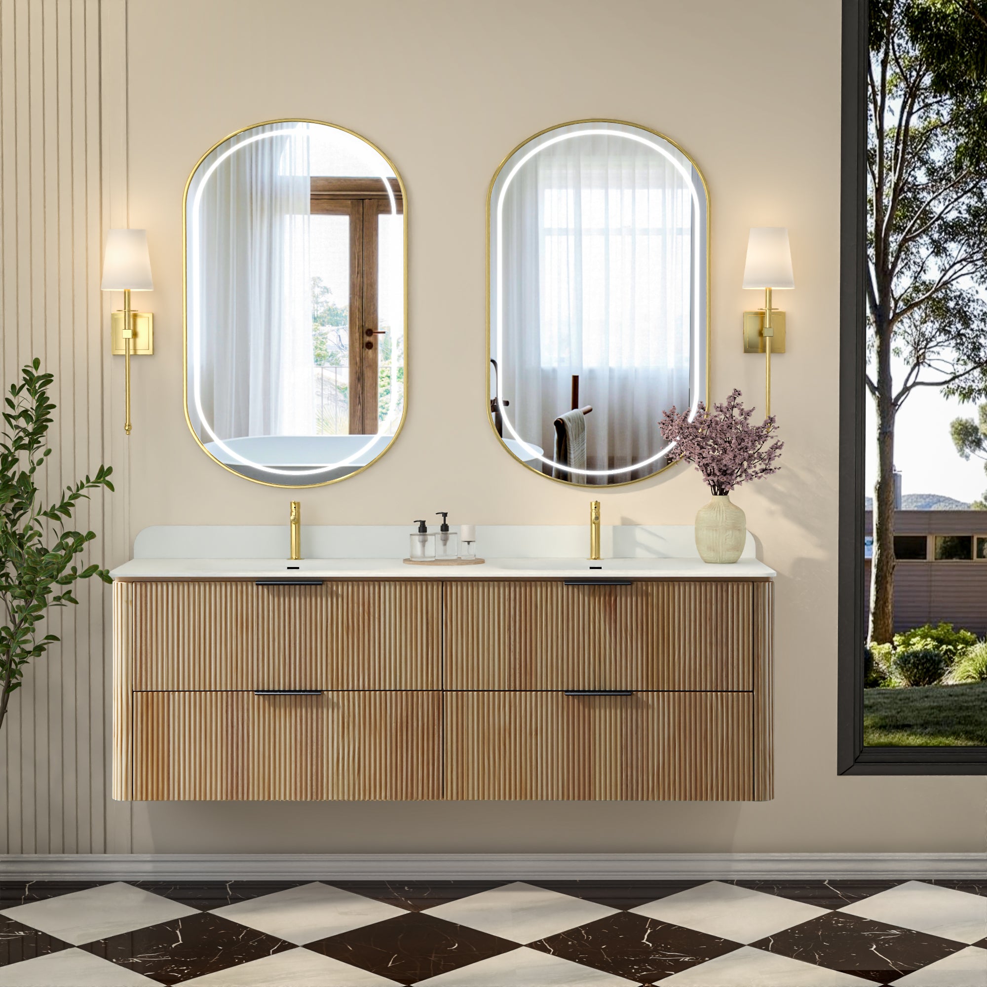 60-Inch Oak Floating Bathroom Vanity with Double Sinks