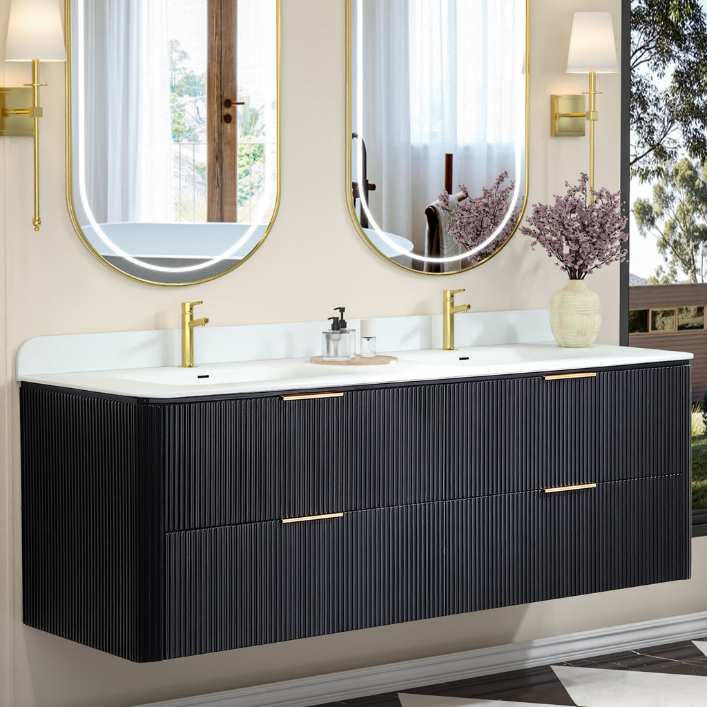 60-Inch Black Floating Bathroom Vanity with Double Sinks