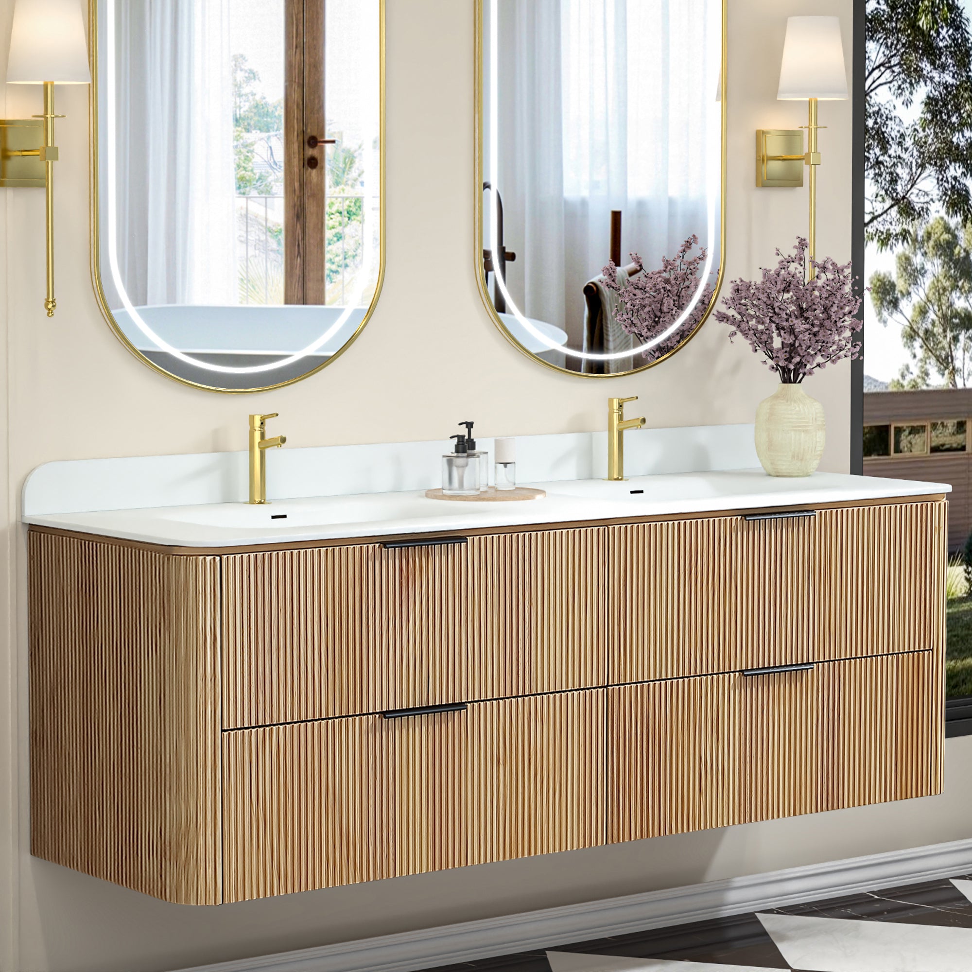 60-Inch Oak Floating Bathroom Vanity with Double Sinks