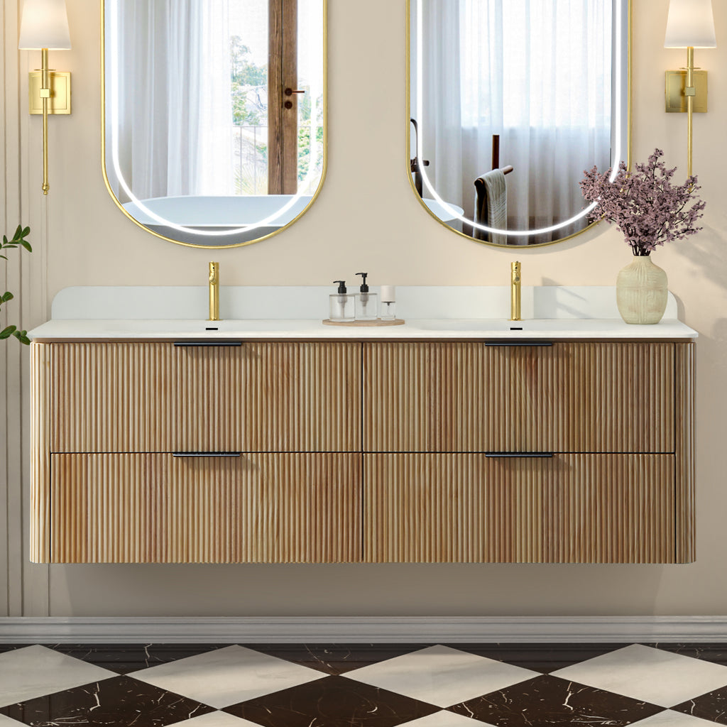 60-Inch Oak Floating Bathroom Vanity with Double Sinks