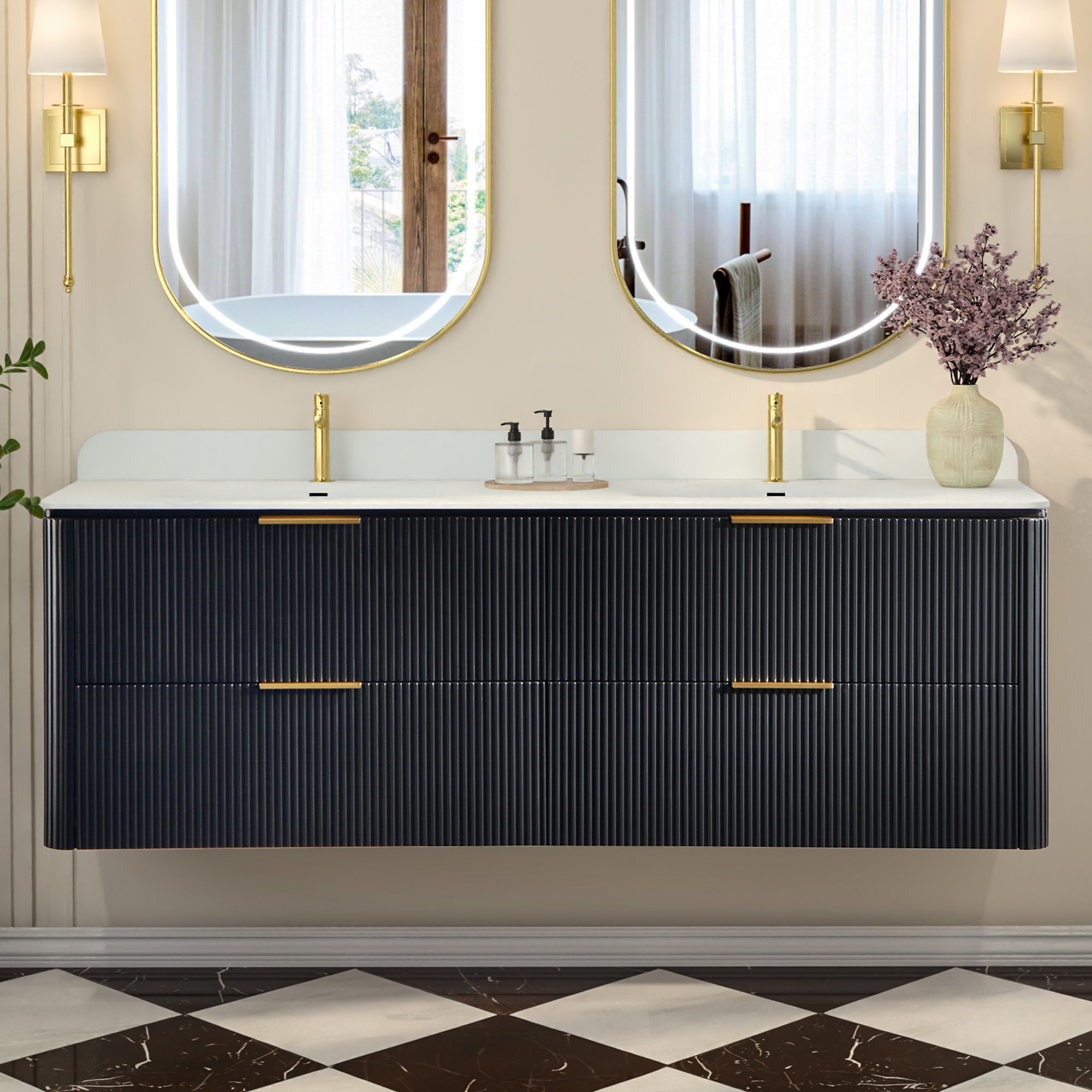 60-Inch Black Floating Bathroom Vanity with Double Sinks