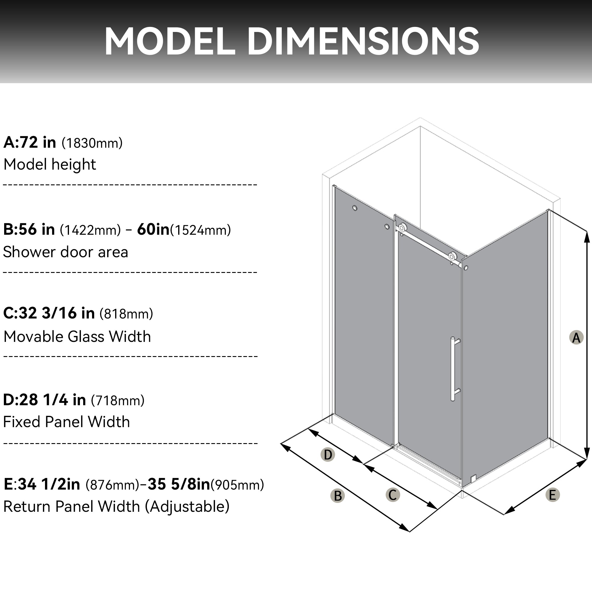 56-60"W x 36"D x 72"H Black Frameless Shower Enclosure