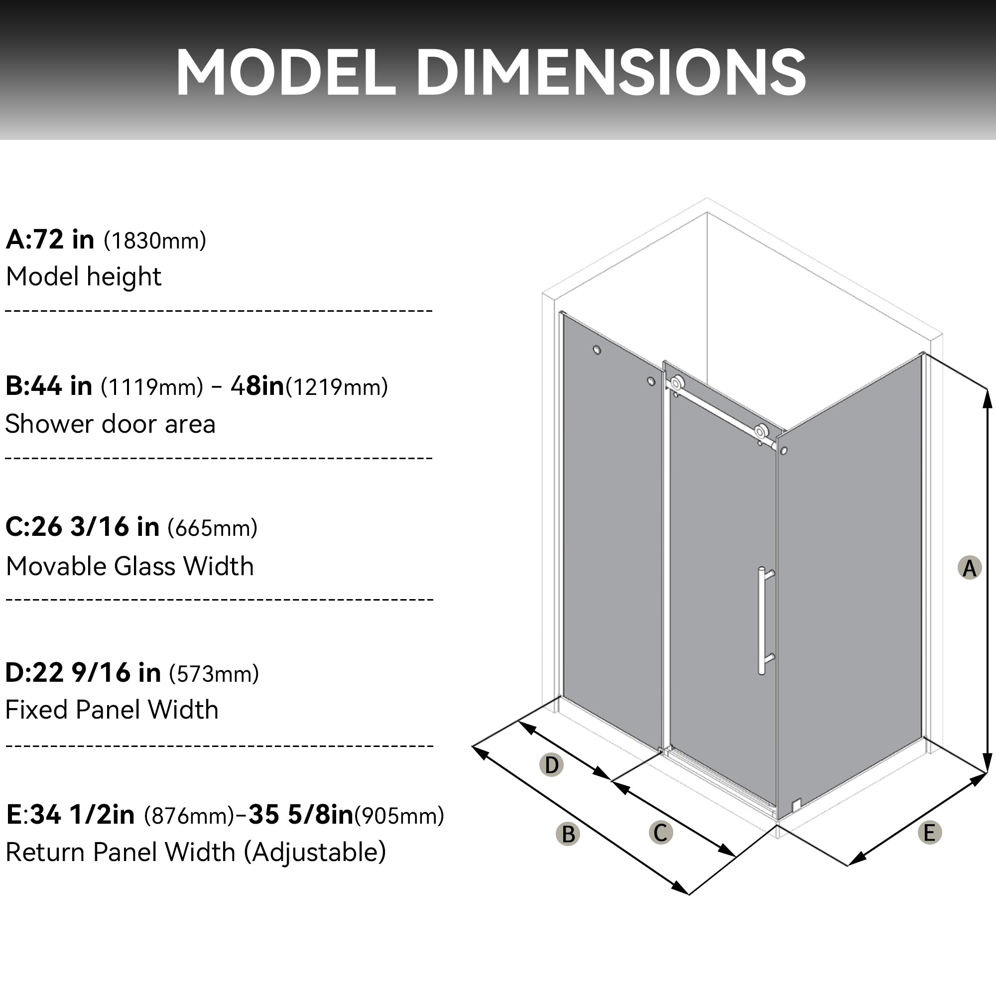 44-48"W x 36"D x 72"H Nickel Frameless Shower Enclosure