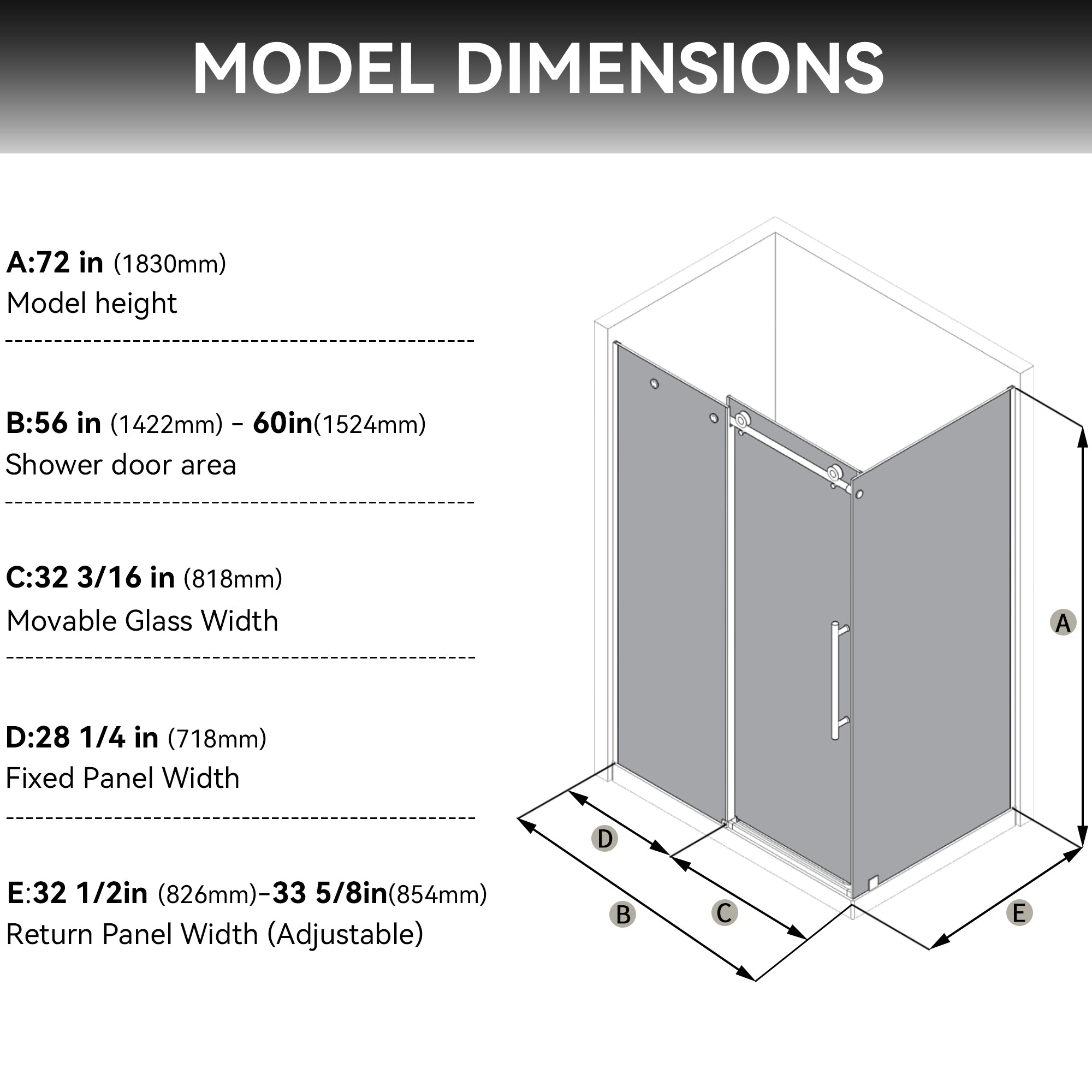 56-60"W x 34"D x 72"H Nickel Frameless Shower Enclosure