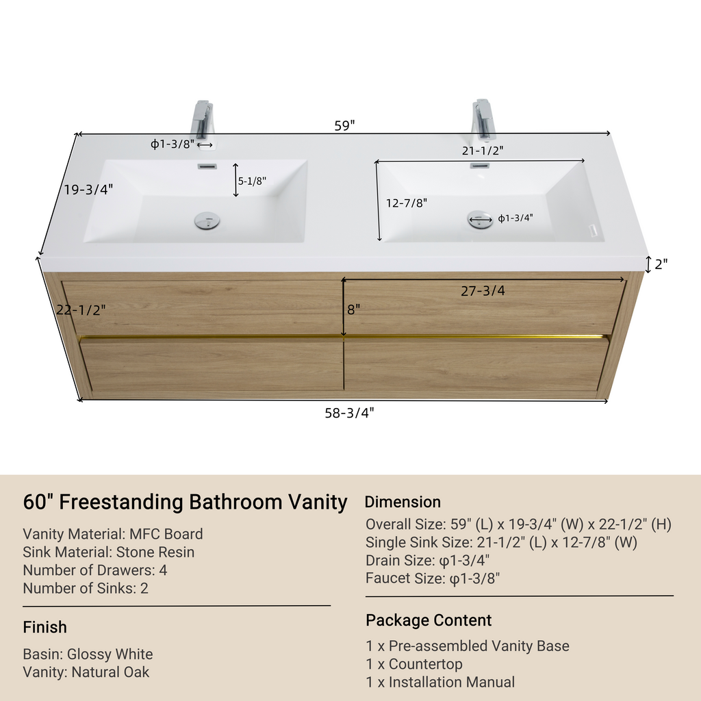 60 Inch Natural Wood Floating Vanity with Double Sinks