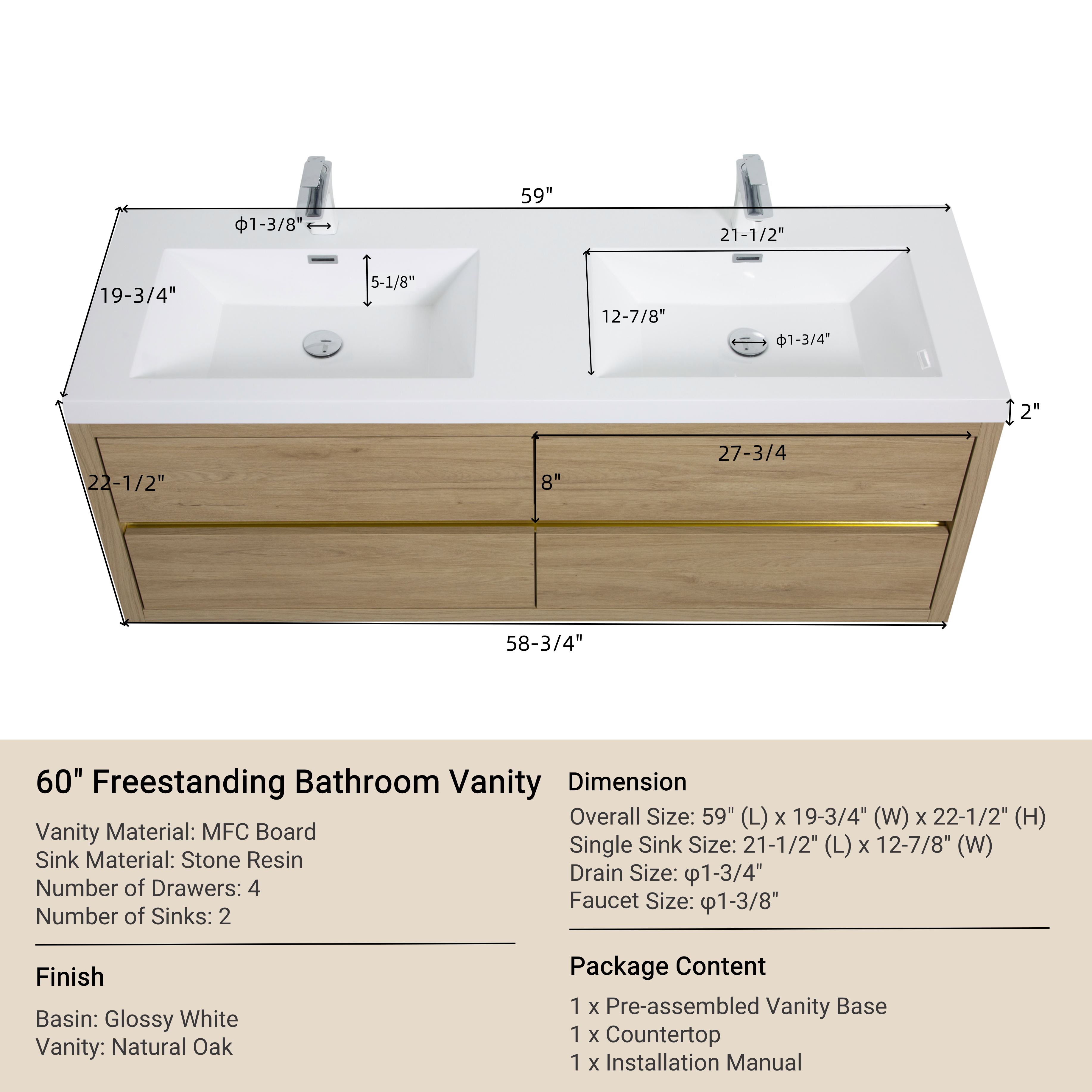 60 Inch Natural Wood Floating Vanity with Double Sinks