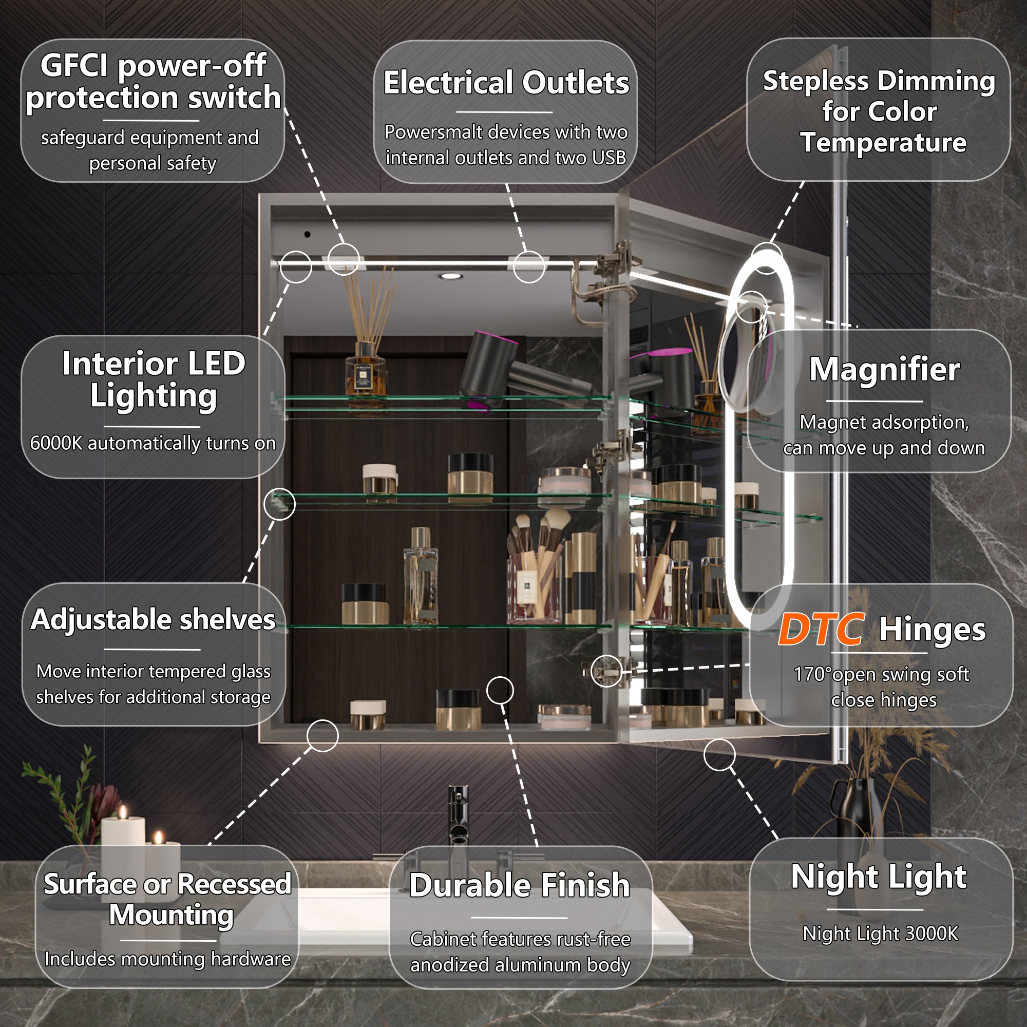 24x36 LED Medicine Cabinet Right Opening