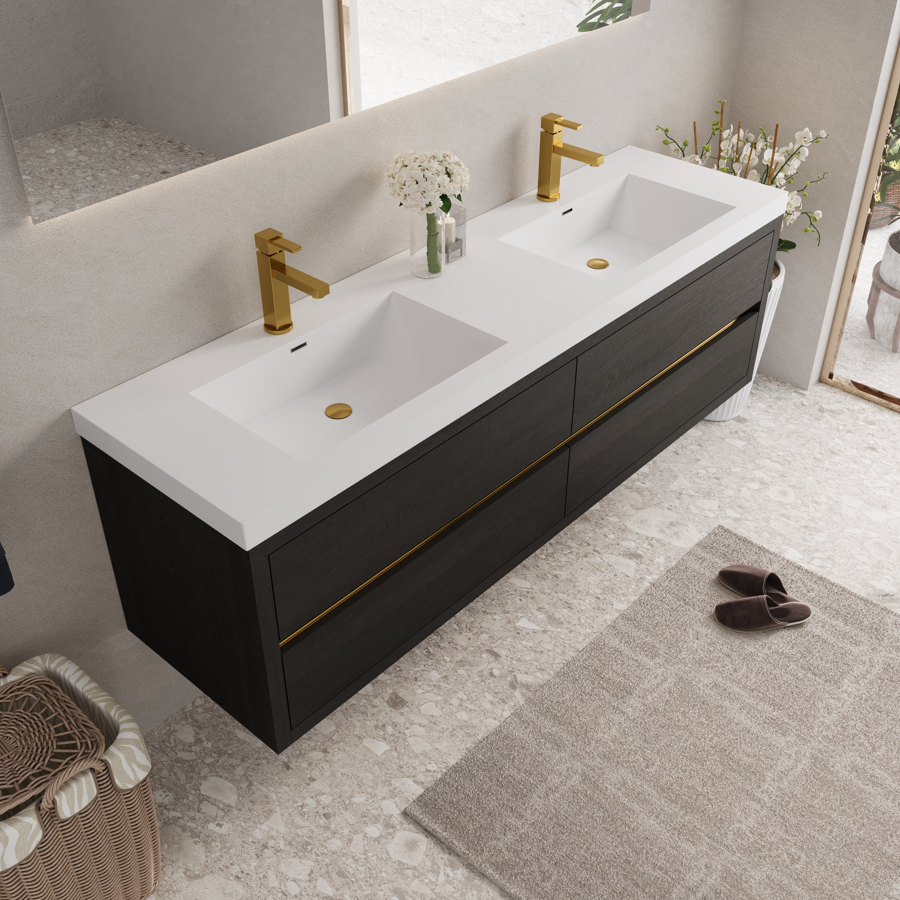 72 Inch Black Espresso Wood Floating Vanity with Double Sinks