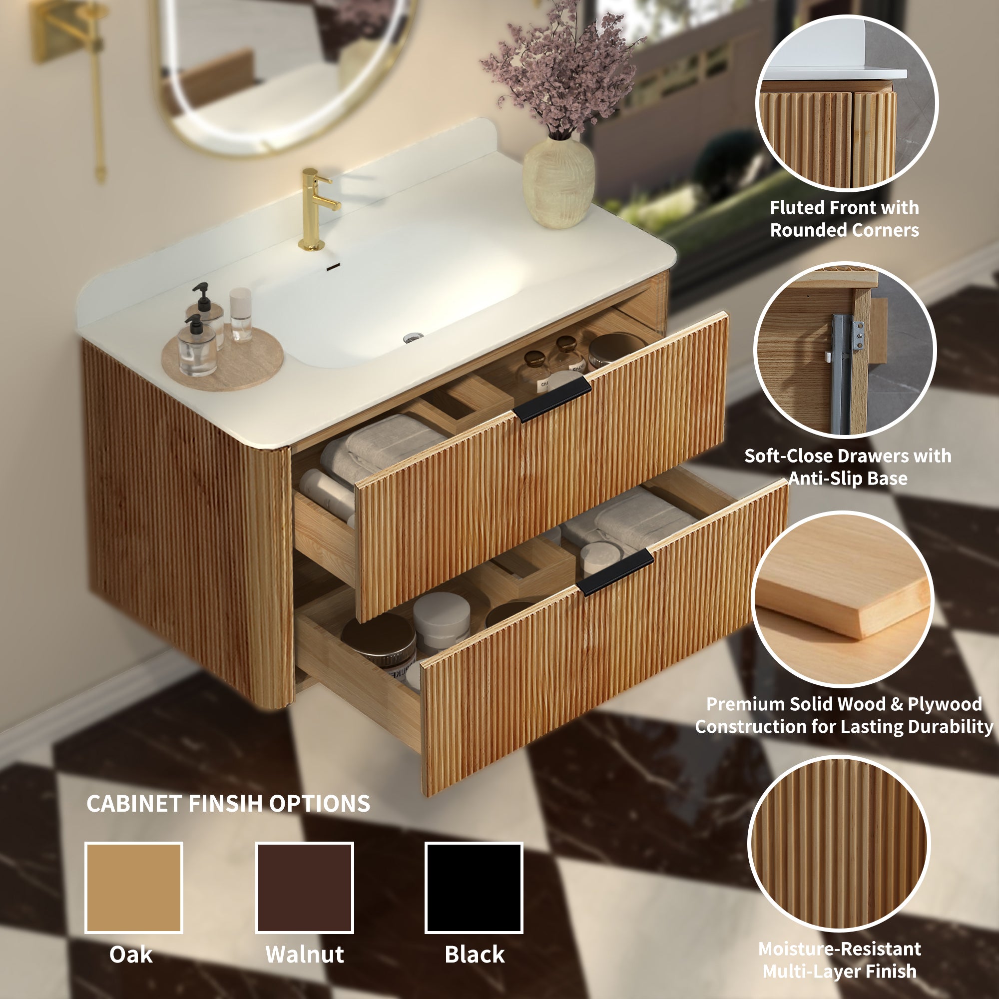 36-Inch Oak Floating Bathroom Vanity with Sink