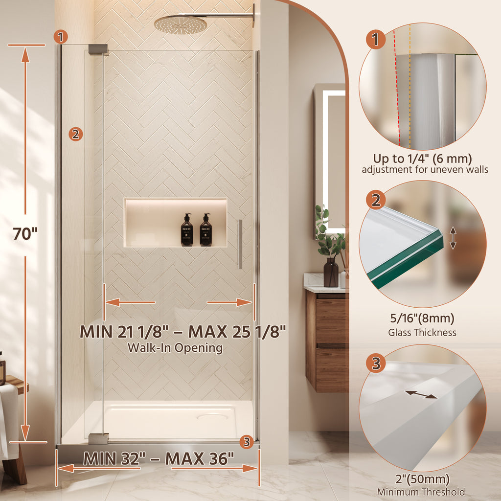 36"Wx70"H Frameless Pivot Shower Door, Brushed Nickel