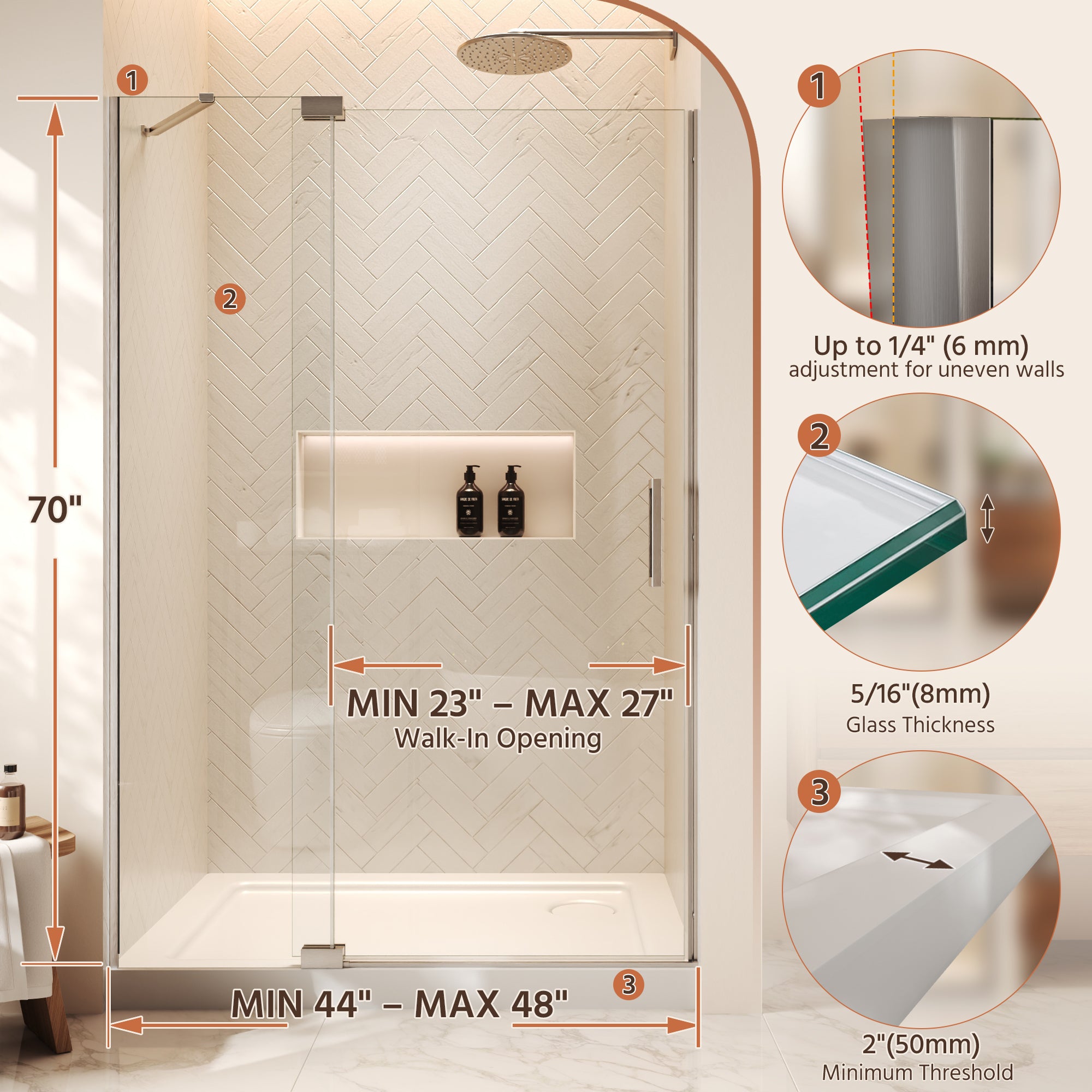 48"Wx70"H Frameless Pivot Shower Door, Brushed Nickel