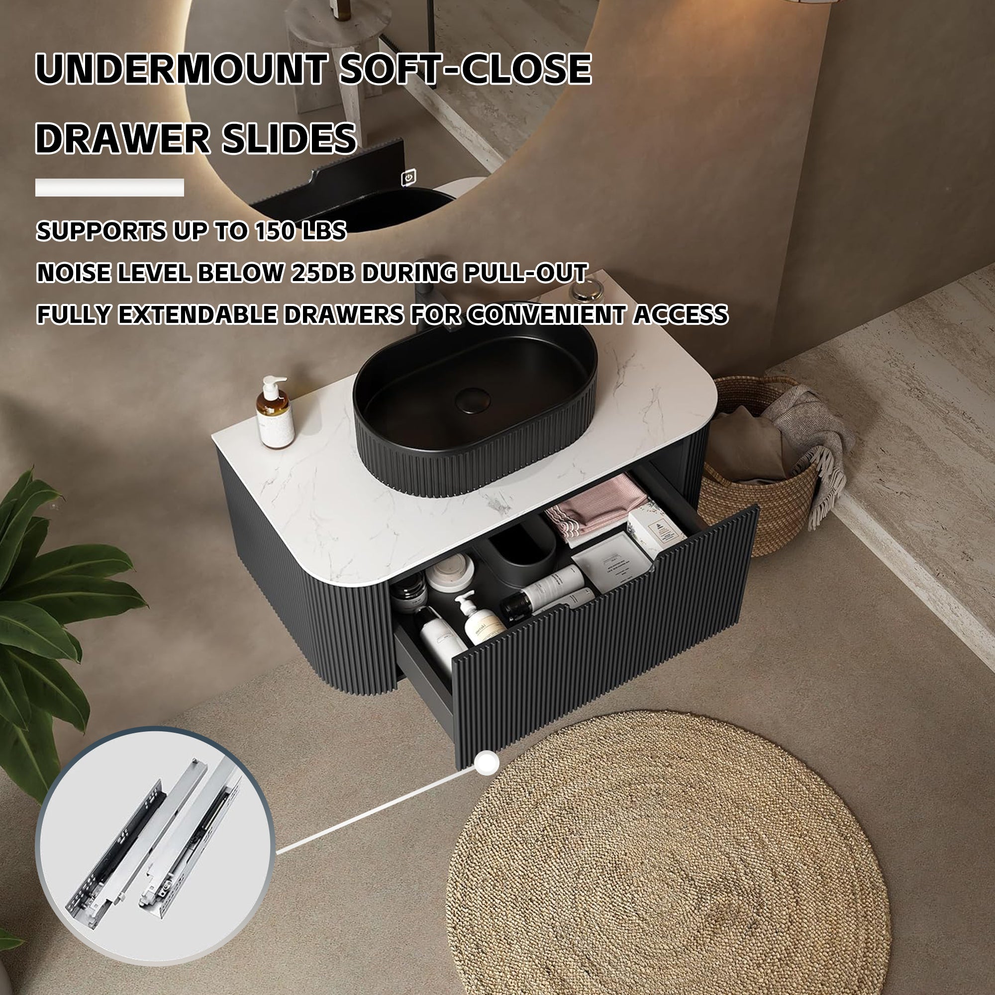 Floating Bathroom Vanity with Black Ceramic Vessel Basin