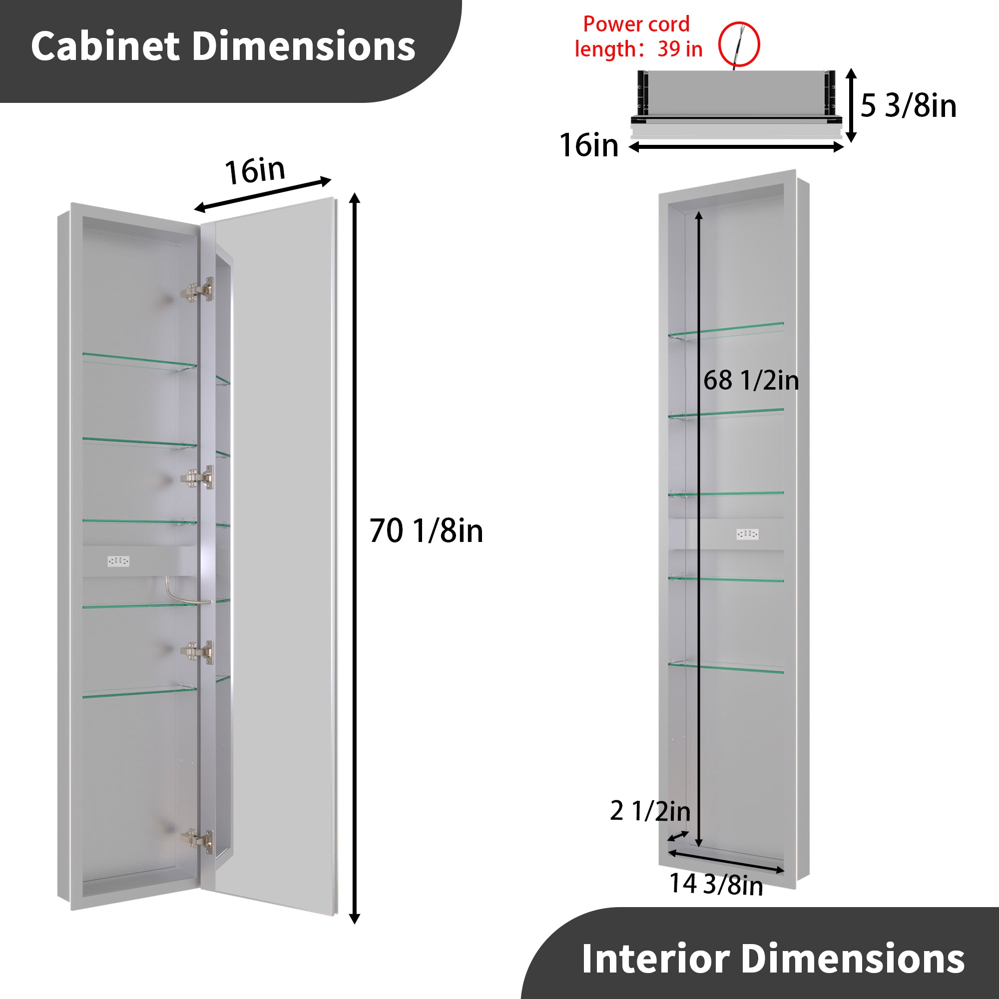 16 X 70 Full Body Lighted Medicine Cabinet with Mirror