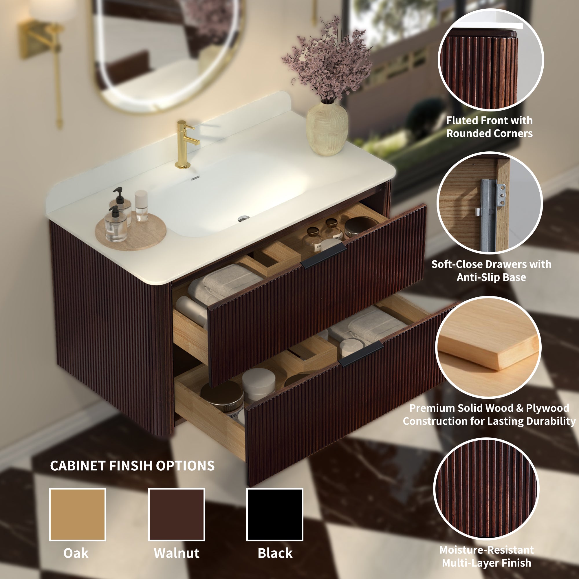 36-Inch Walnut Floating Bathroom Vanity with Sink