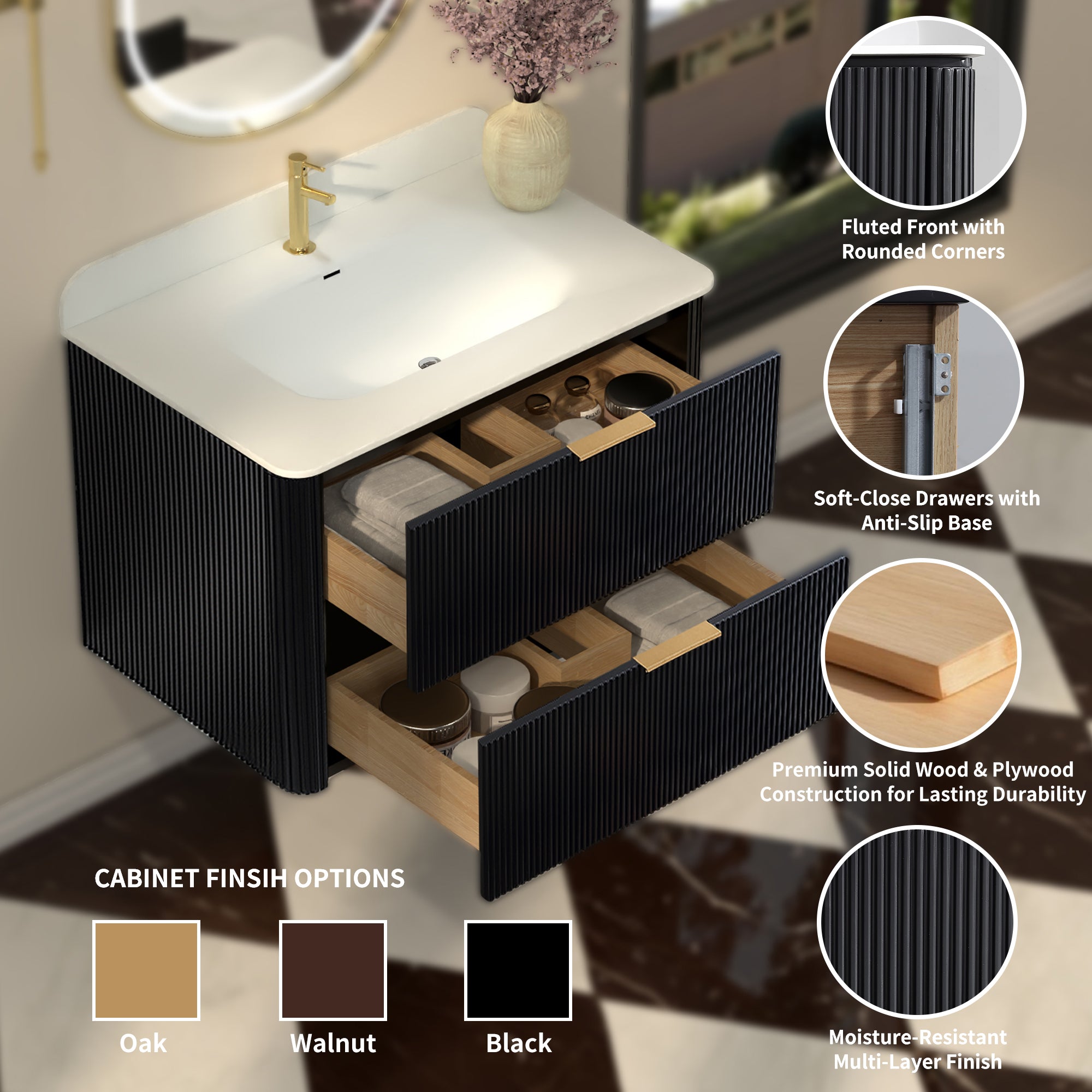30-Inch Black Floating Bathroom Vanity with Sink