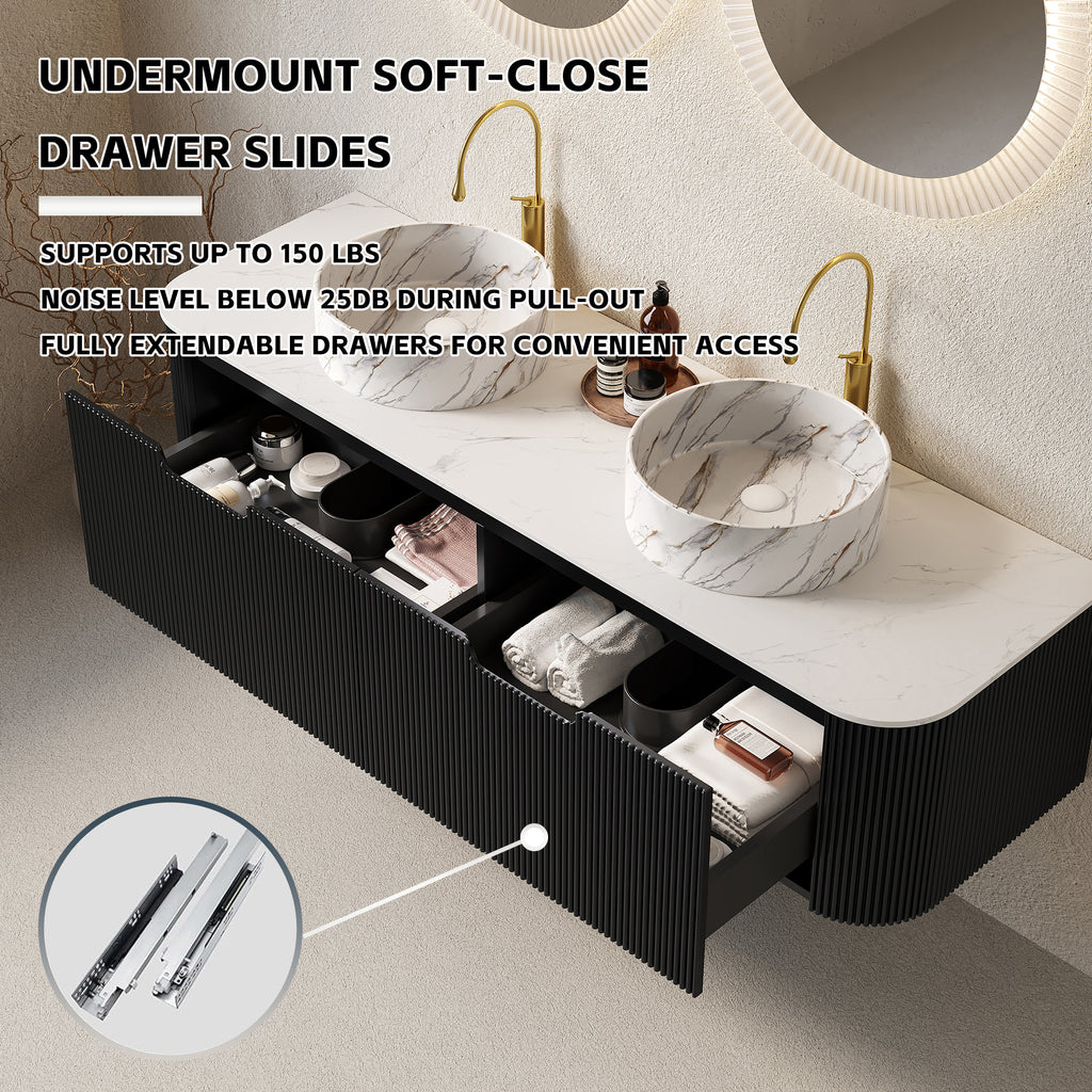 Floating Bathroom Vanity with Matte Stone White Round Ceramic Basin