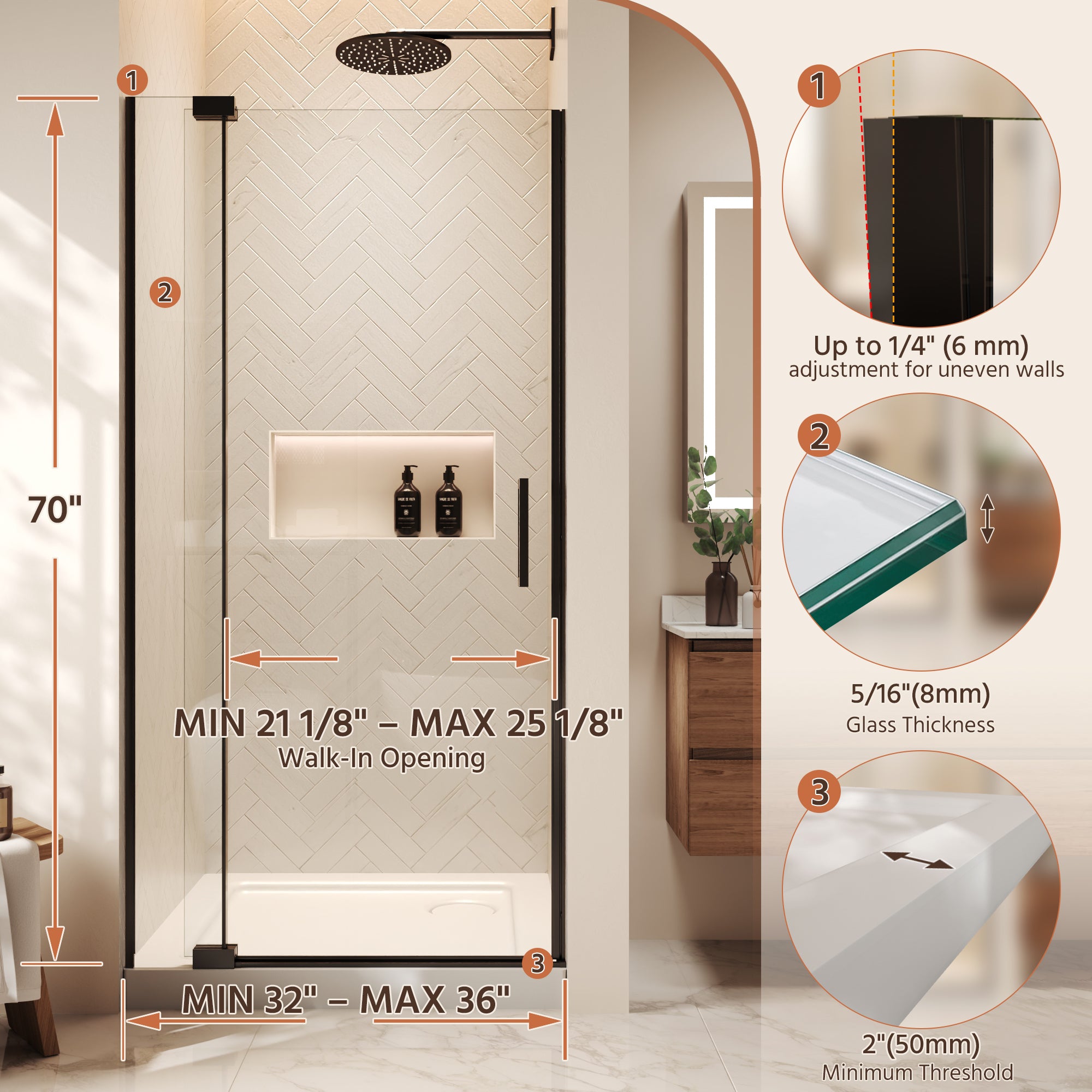 36"Wx70"H Frameless Pivot Shower Door, Matte Black