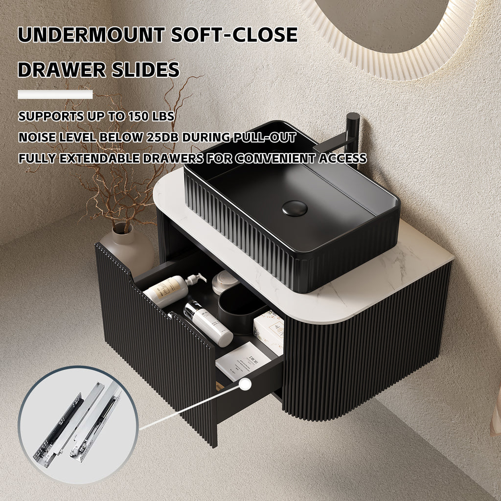 Floating Bathroom Vanity with Black Rectangular Ceramic Basin