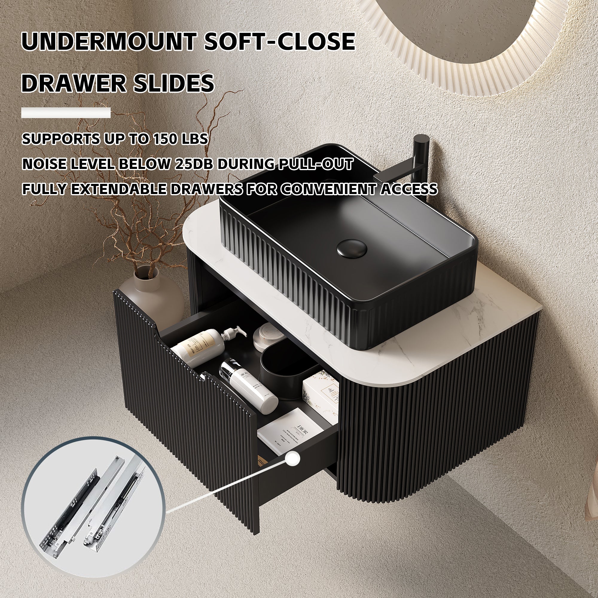 Floating Bathroom Vanity with Black Rectangular Ceramic Basin