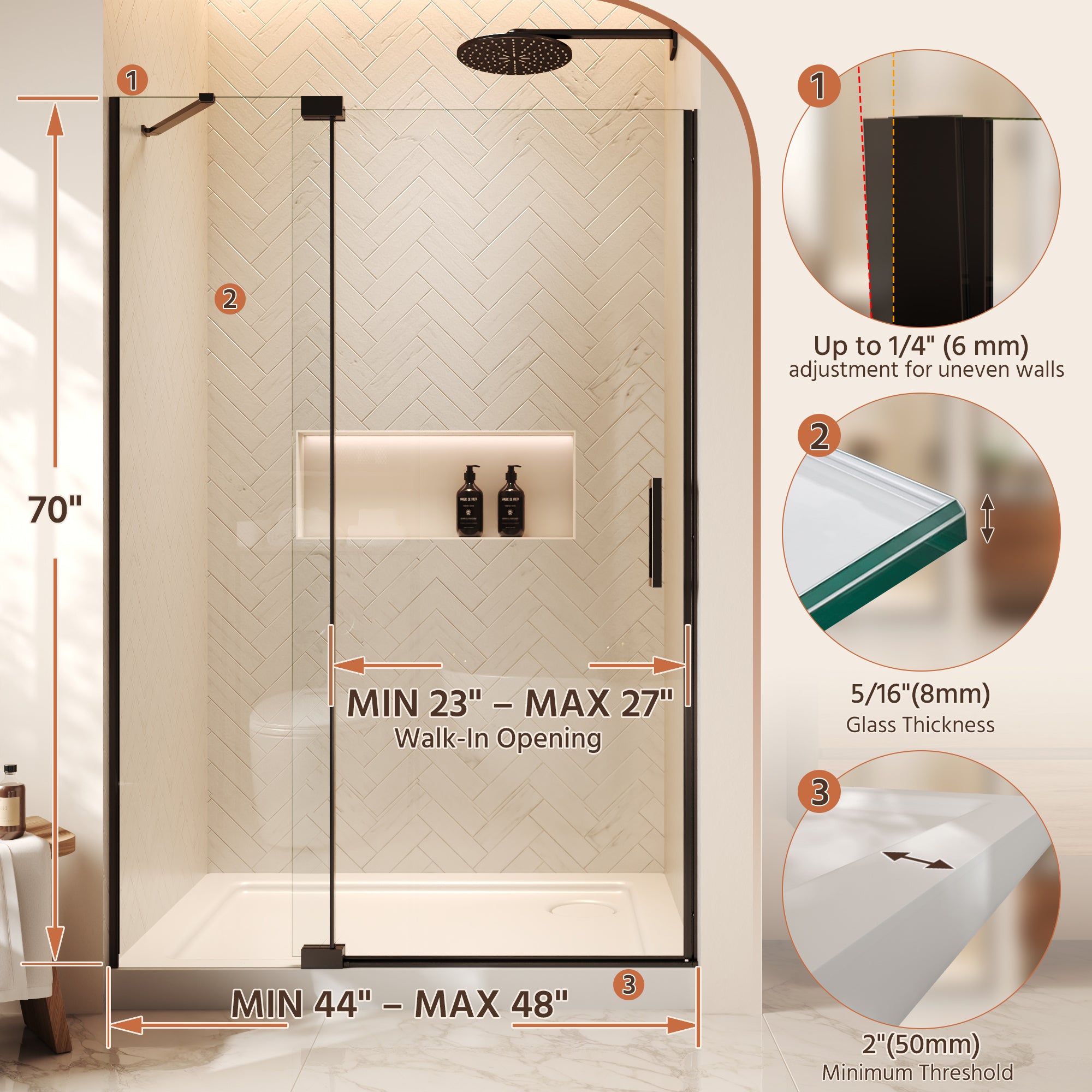 48"Wx70"H Frameless Pivot Shower Door, Matte Black