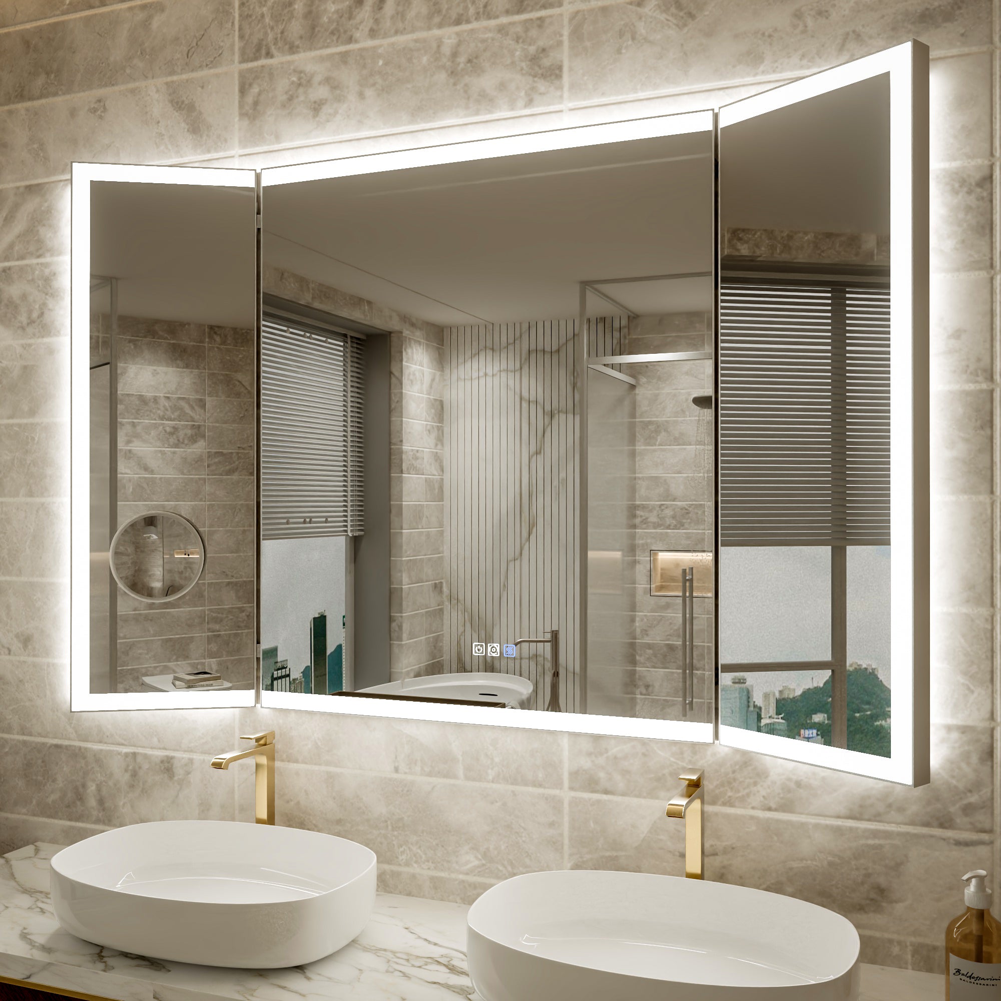 54x36 Lighting Trifold Bathroom Mirror with Magnifier