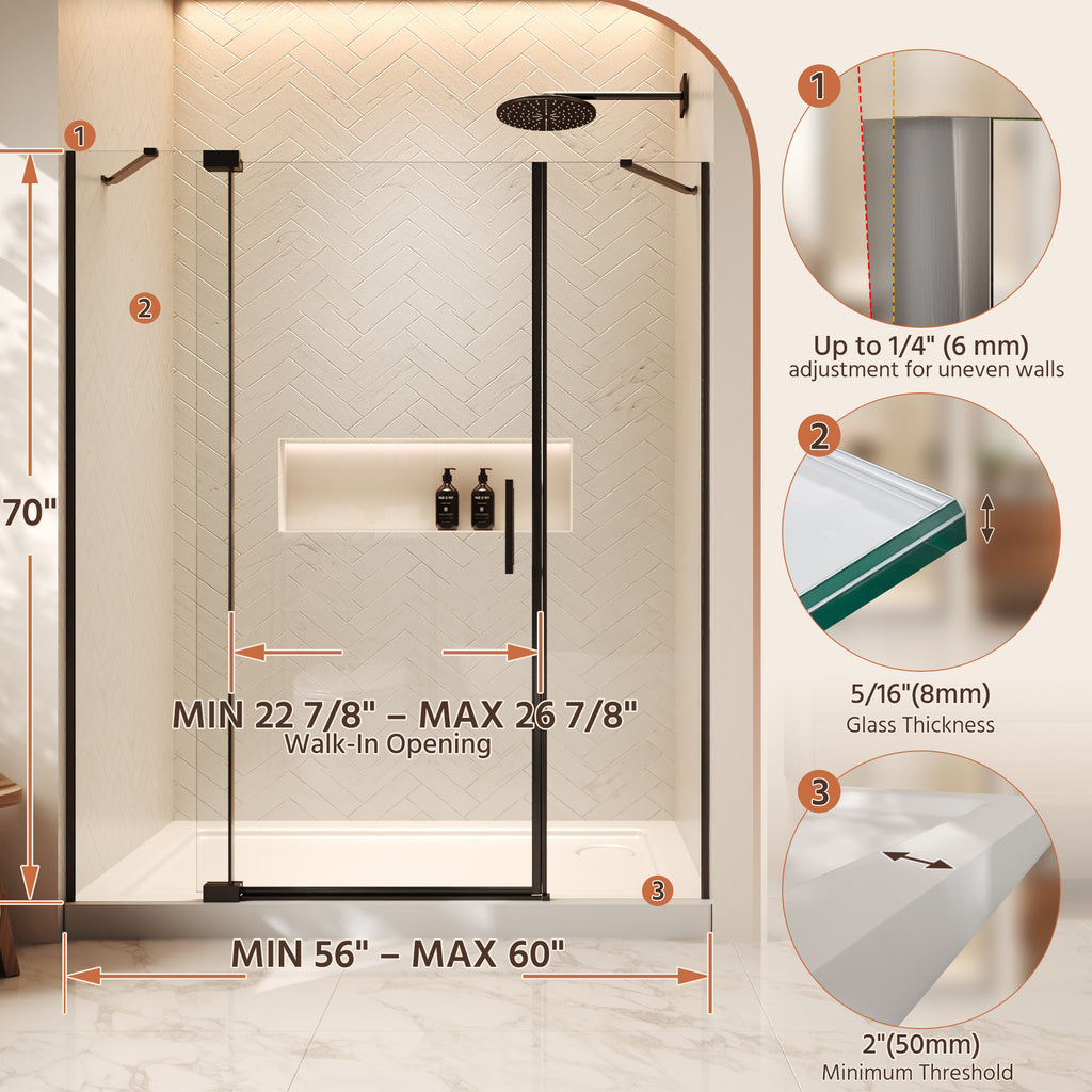 60"Wx70"H Frameless Pivot Shower Door, Matte Black