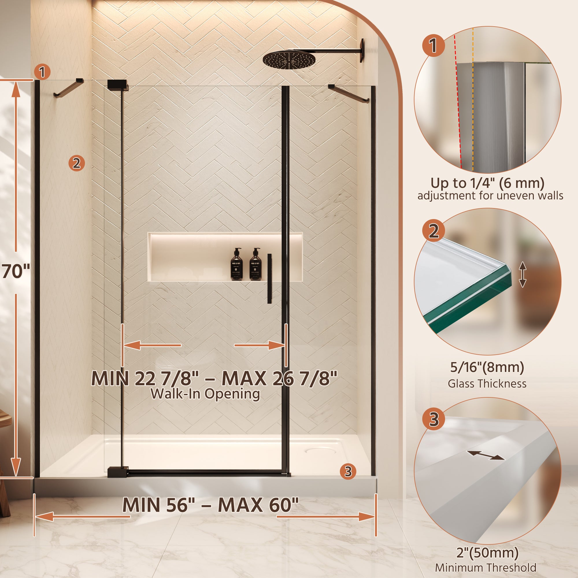60"Wx70"H Frameless Pivot Shower Door, Matte Black